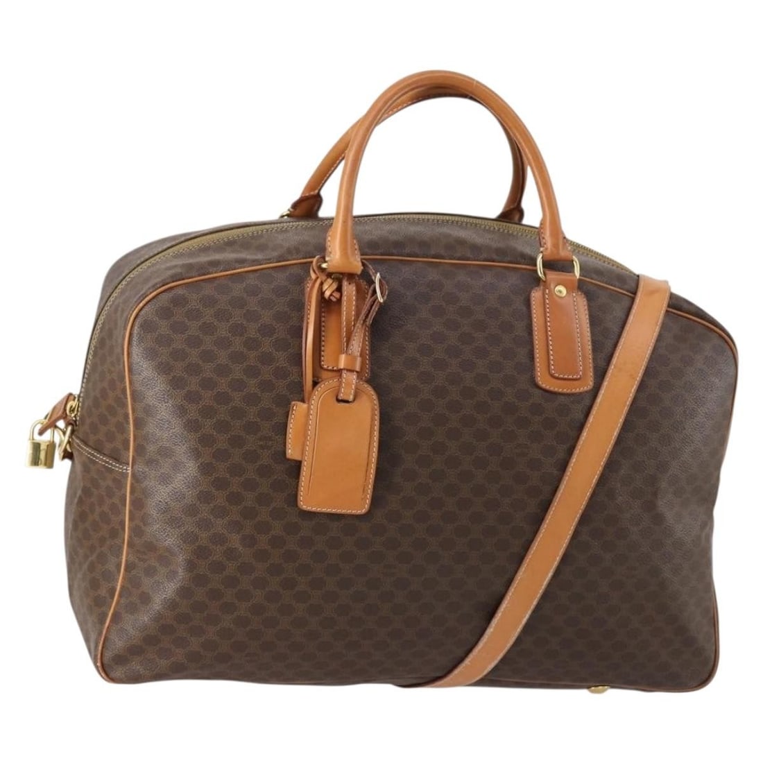 CELINE Macadam Canvas Boston Bag Brown Gold PVC Auth 152179: CELINE Macadam Canvas Boston Bag Brown Gold PVC Auth 152179 Discover the elegant CELINE Macadam Canvas Boston Bag, a stunning combination of functionality and style. Crafted in Italy, this luxurious b