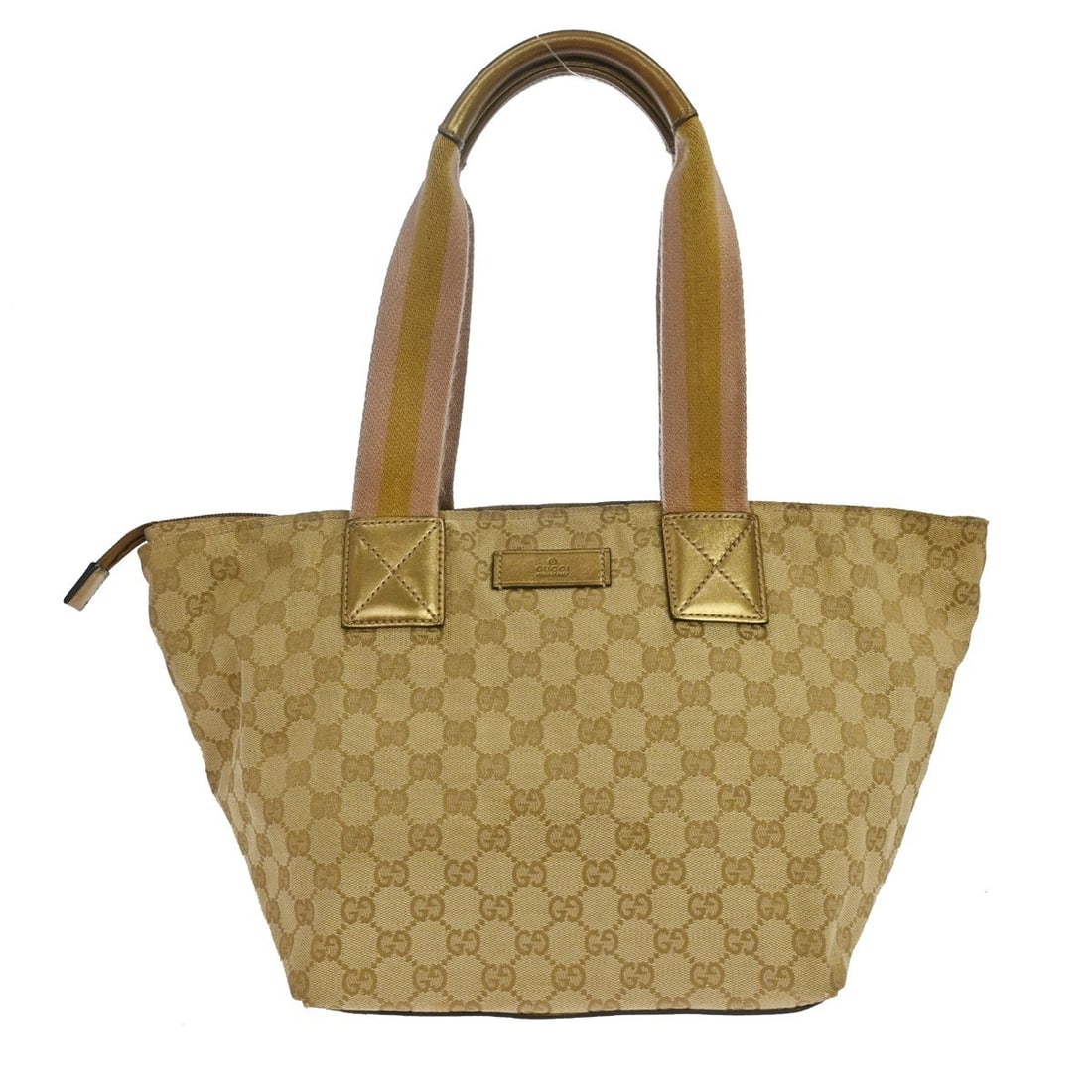 Gucci GG Medium Tote Handbag Beige Coated Canvas Leather Trim: Gucci GG Medium Tote Handbag Beige Coated Canvas Leather Trim Vintage Gucci GG tote handbag in beige coated canvas with leather trim. This medium handbag features a beige lining, interior zip pocket, 