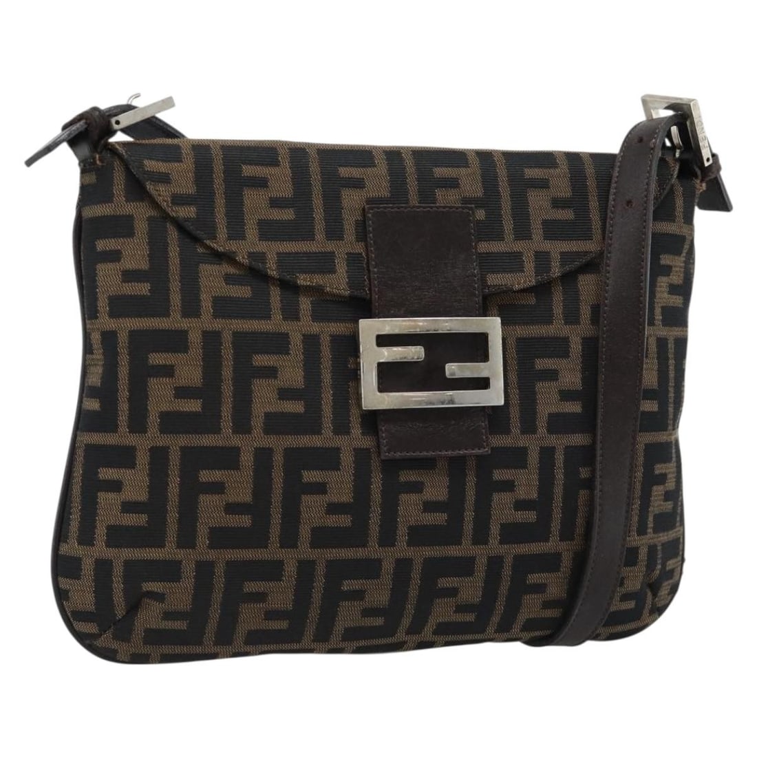 FENDI Mamma Baguette Shoulder Bag in Black Brown Zucca Canvas: FENDI Mamma Baguette Shoulder Bag in Black Brown Zucca Canvas Fendi Mamma Baguette shoulder bag in Zucca canvas with a black and brown colorway. Made in Italy, this women's bag measures approximately 