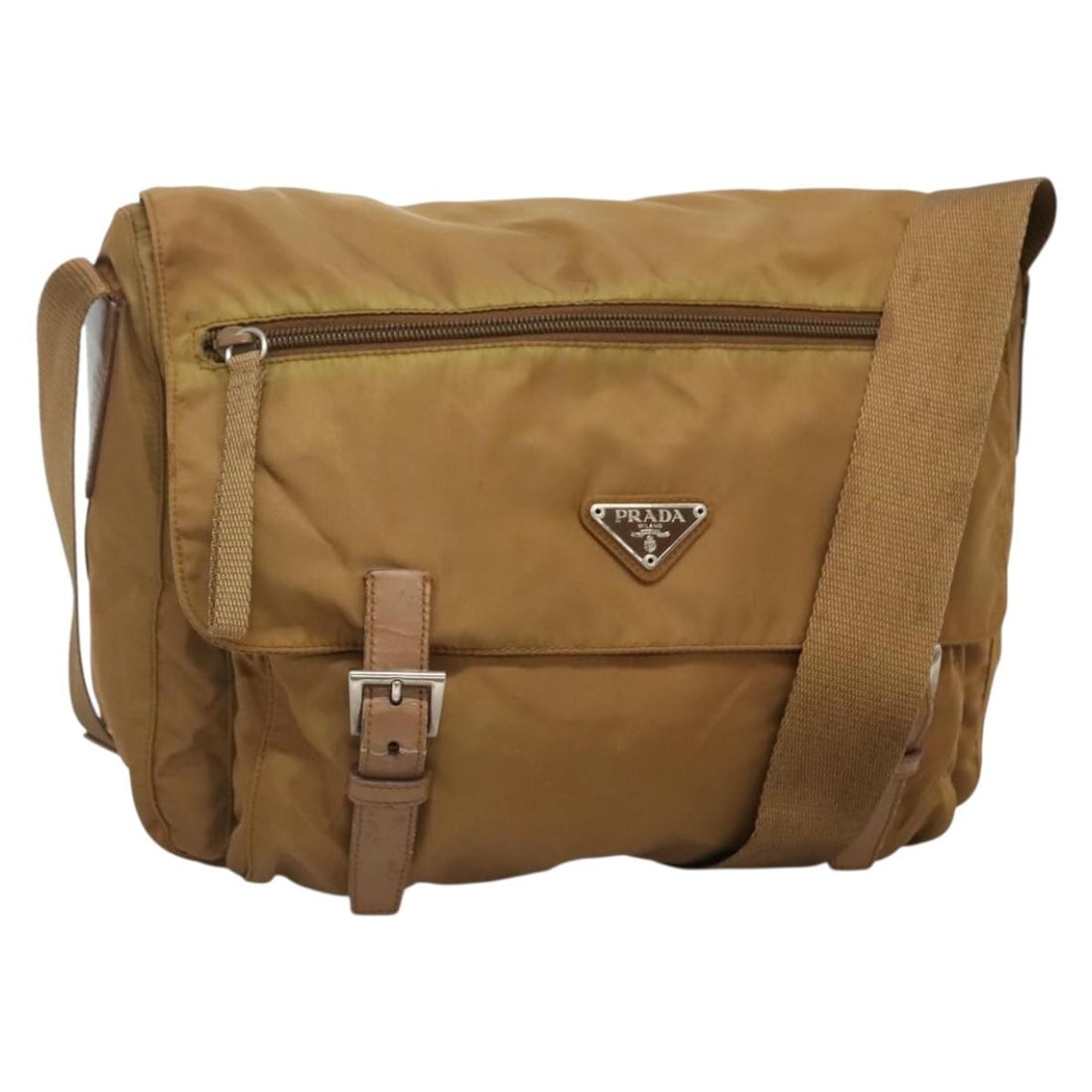 PRADA Nylon Shoulder Bag Brown Silver Tone Made in Italy: PRADA Nylon Shoulder Bag Brown Silver Tone Made in Italy Brown and silver Prada shoulder bag made of nylon, crafted in Italy. The bag measures approximately W30 x H20 x D12 cm, with a shoulder drop of