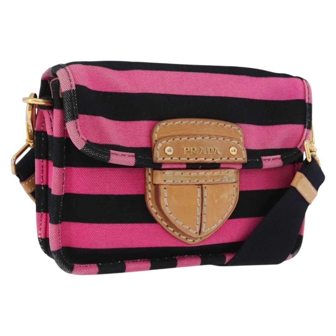 PRADA Pink Black Canvas Shoulder Bag Made in Italy: PRADA Pink Black Canvas Shoulder Bag Made in Italy Prada women's shoulder bag made of canvas in pink and black. It measures approximately 19 cm wide, 14 cm high, and 5 cm deep, with a shoulder drop of