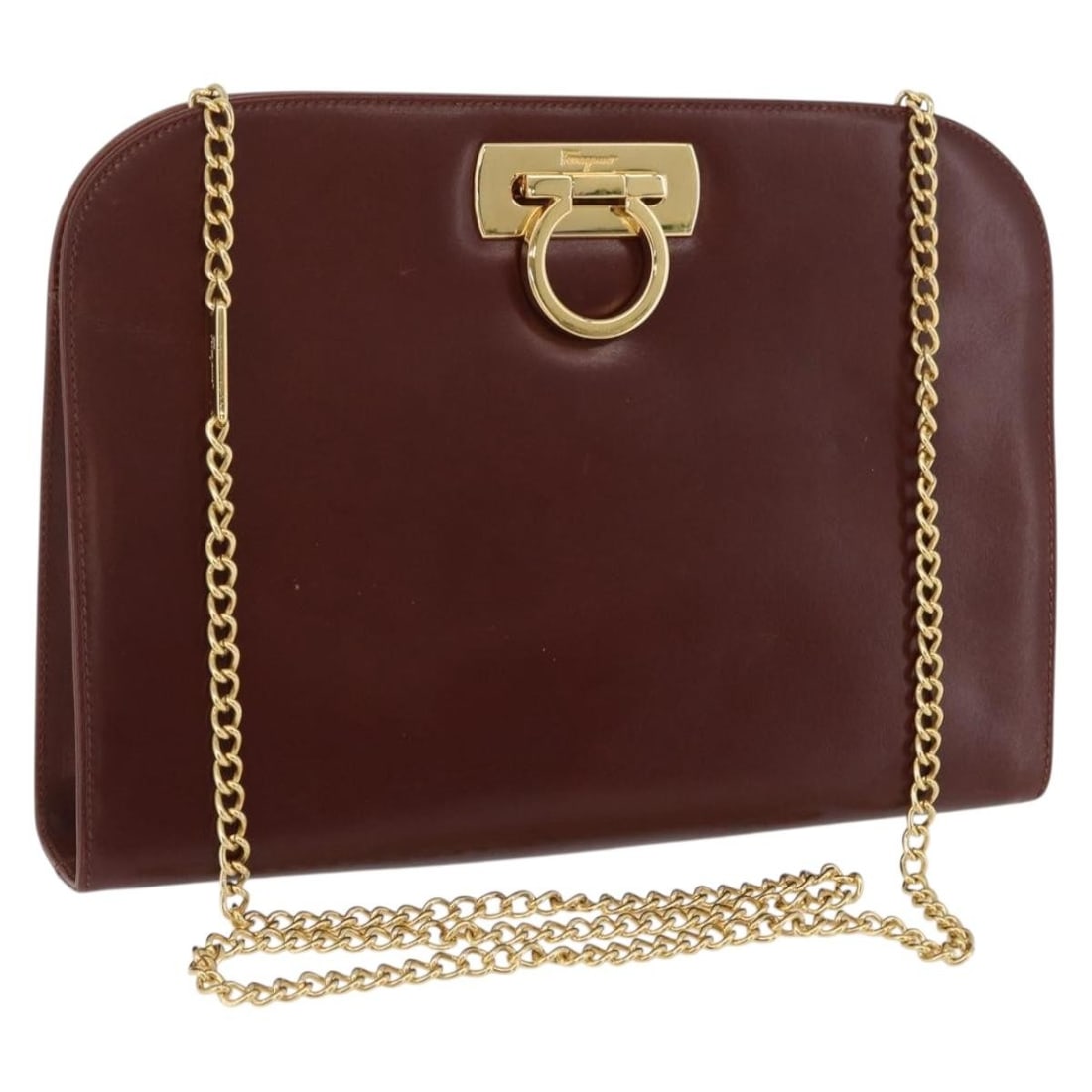 Gancini Chain Shoulder Bag in Brown Leather by Salvatore Ferragamo: Gancini Chain Shoulder Bag in Brown Leather by Salvatore Ferragamo This Salvatore Ferragamo Gancini chain shoulder bag features a brown and gold leather exterior with a chain strap. Designed for women