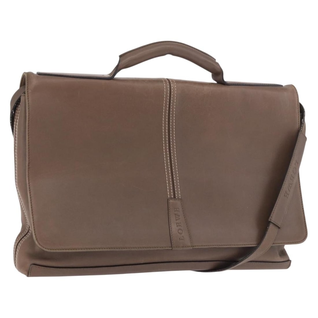 LOEWE Leather 2way Business Bag Brown with Shoulder Strap: LOEWE Leather 2way Business Bag Brown with Shoulder Strap Authentic LOEWE 2-way business bag in brown leather with silver-tone accents. Designed for women, this bag includes a shoulder strap and was m