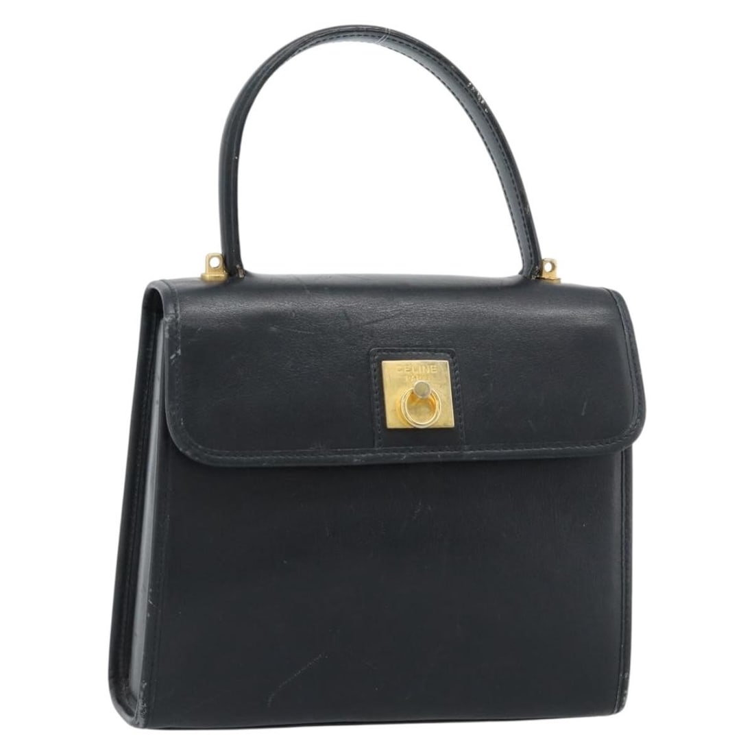 CELINE Black Gold Leather Hand Bag Italy: CELINE Black Gold Leather Hand Bag Italy This CELINE handbag is crafted from black leather with gold-tone accents. Designed for women, it features a structured silhouette with approximate dimensions o