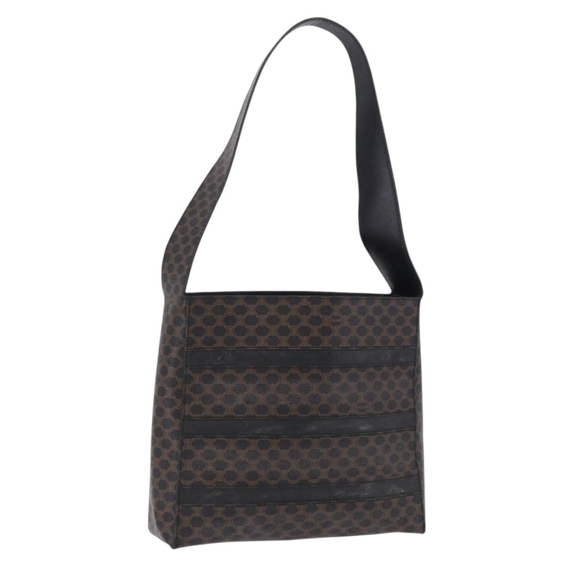 Celine Macadam Shoulder Bag Black PVC Leather Gold Tone Hardware: Celine Macadam Shoulder Bag Black PVC Leather Gold Tone Hardware A CELINE shoulder bag in black and gold, made from PVC leather and Macadam canvas. It features a shoulder strap with an approximate dro