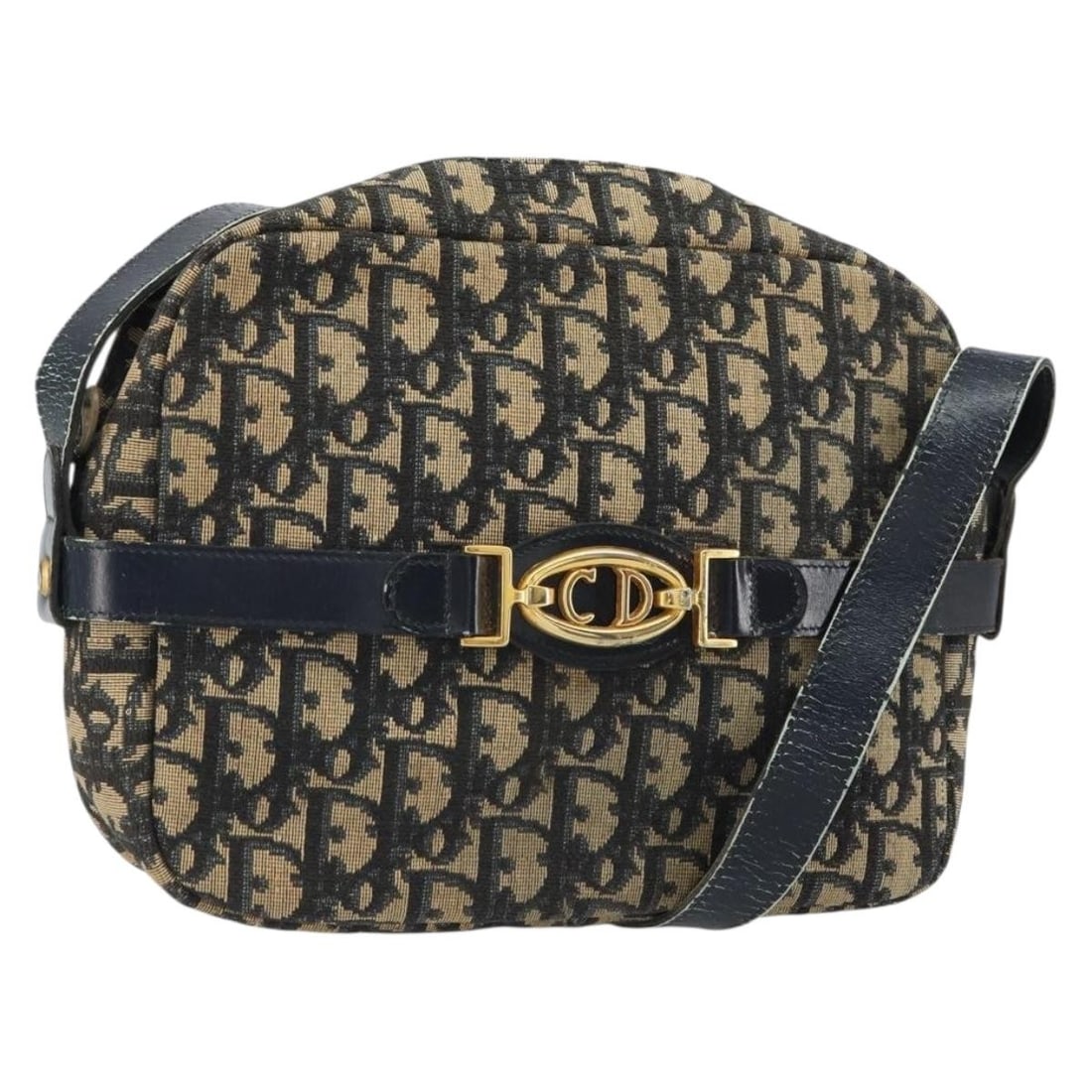 Navy Trotter Canvas Christian Dior Shoulder Bag with Gold Accents: Navy Trotter Canvas Christian Dior Shoulder Bag with Gold Accents This Christian Dior Trotter Canvas shoulder bag features a navy and gold color scheme with signature Trotter canvas material. Designed