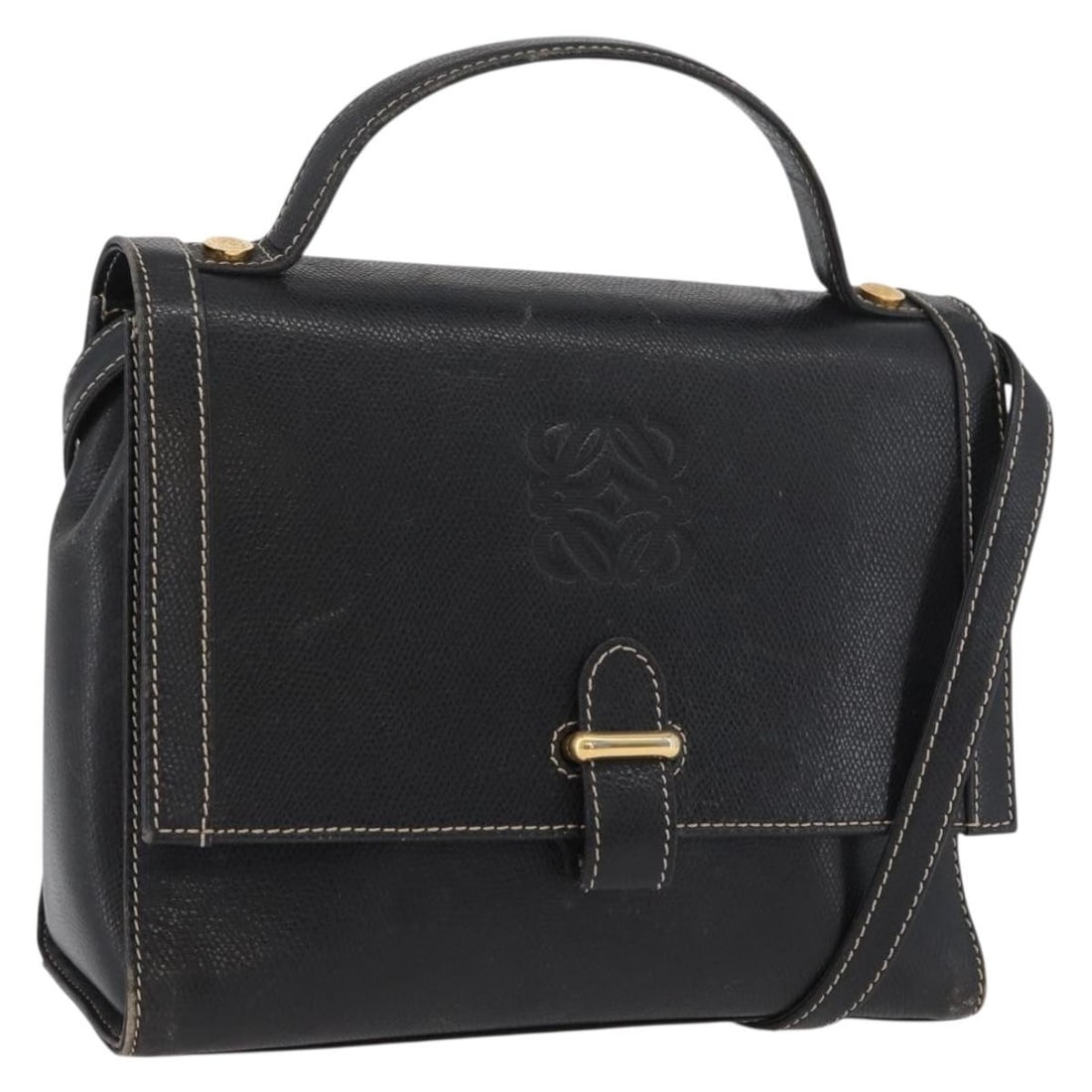Loewe Anagram Black Leather Convertible Handbag with Gold Accents: Loewe Anagram Black Leather Convertible Handbag with Gold Accents This LOEWE Anagram handbag is crafted from black and gold leather and offers versatile two-way carrying options. Made in Spain, it fea