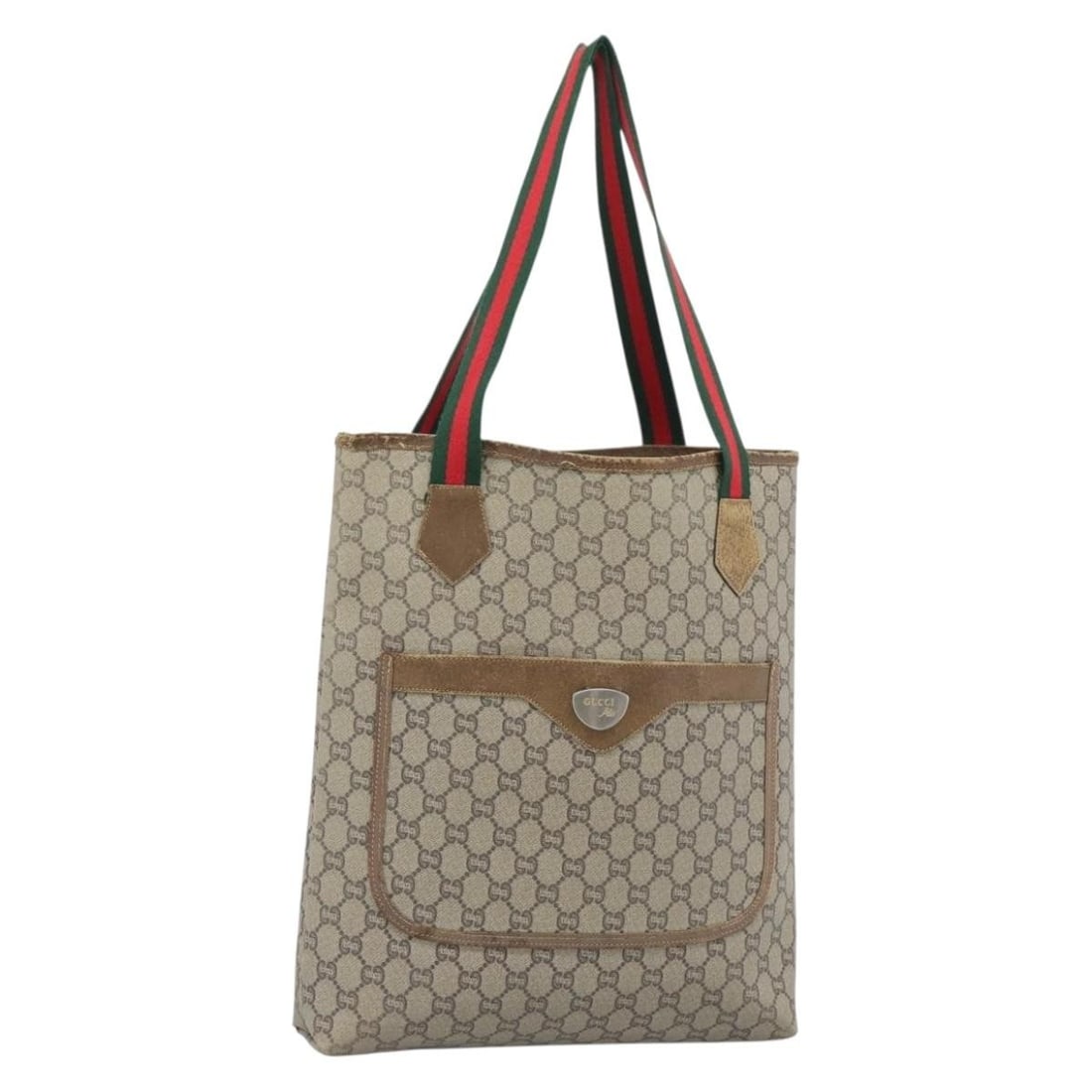 Gucci GG Plus Supreme beige gold PVC tote Italy: Gucci GG Plus Supreme beige gold PVC tote Italy This Gucci GG Plus Supreme Tote Bag features a beige and gold color scheme with PVC leather and GG canvas exterior. The bag has a handle drop of approxi