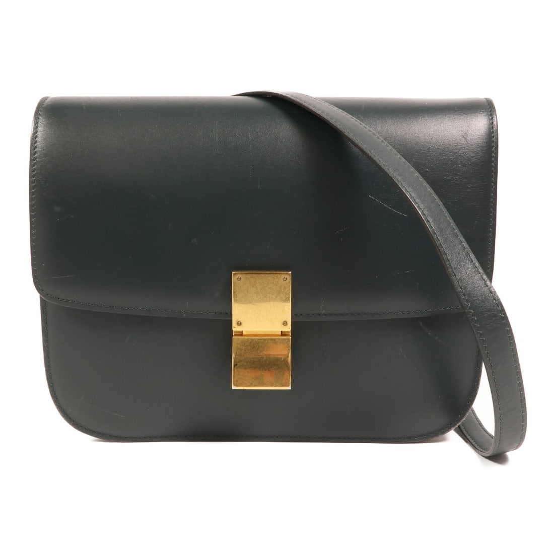 CELINE Classic Box 164173DLS Shoulder Bag Green Calfskin: CELINE Classic Box 164173DLS Shoulder Bag Green Calfskin A CELINE Classic Box shoulder bag in green calfskin leather, featuring a flap closure and a structured silhouette. The bag is made in France an