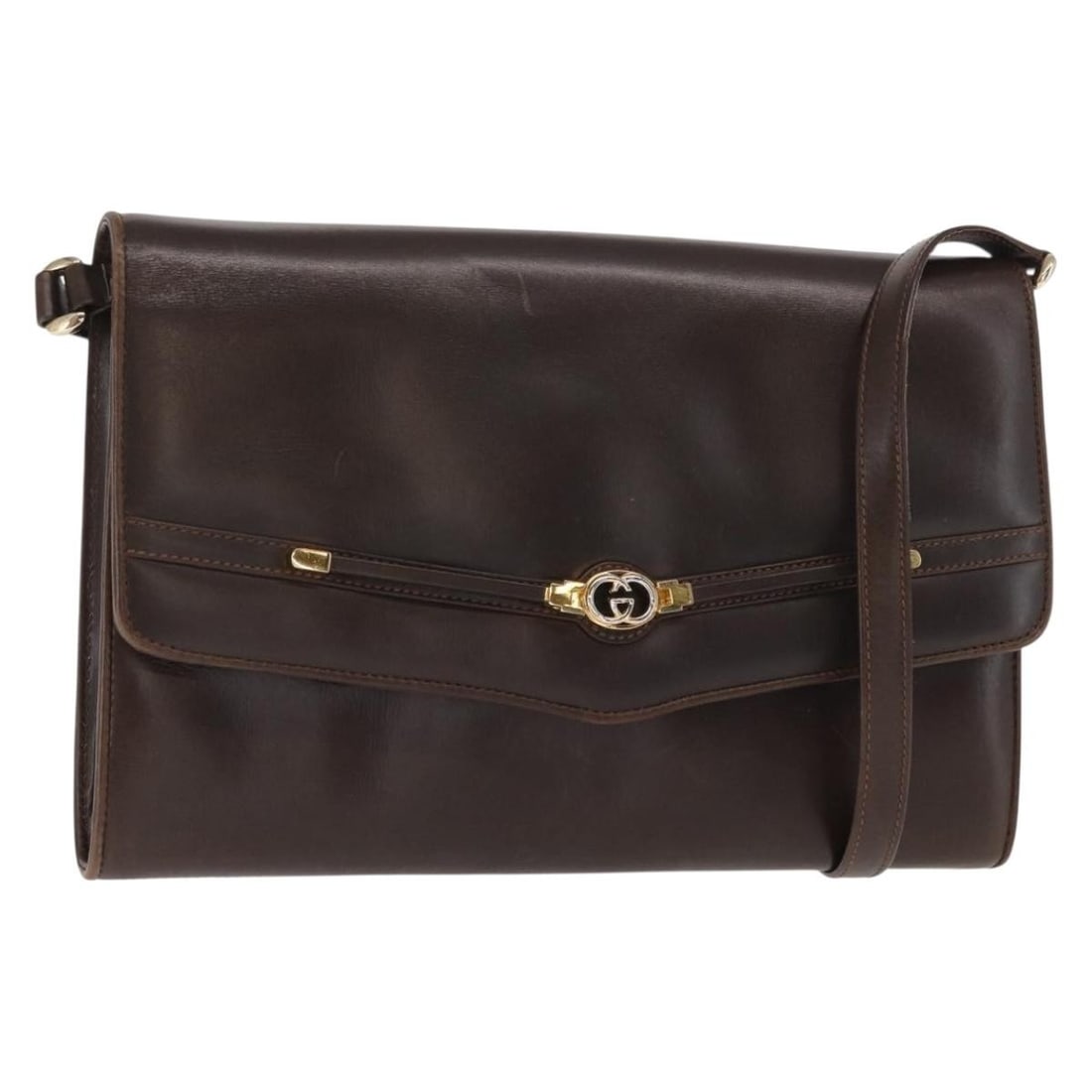 Gucci 406 004 2008 Dark Brown Leather Shoulder Bag Gold Accents: Gucci 406 004 2008 Dark Brown Leather Shoulder Bag Gold Accents This GUCCI shoulder bag is crafted from dark brown leather with gold accents. It features a structured silhouette with approximate measu