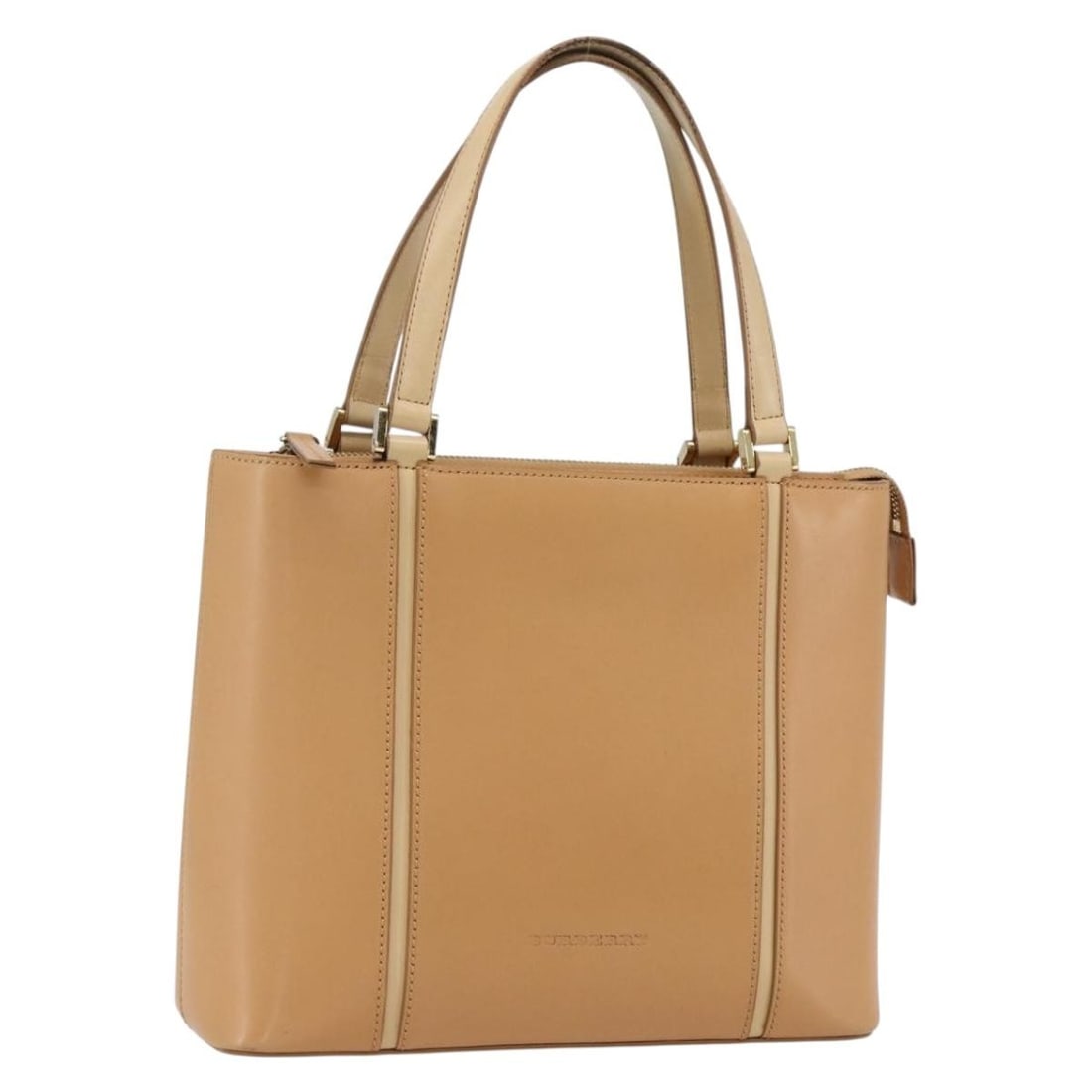 Beige and Gold Leather Burberry Handbag Made in Italy: Beige and Gold Leather Burberry Handbag Made in Italy This Burberry handbag features beige leather with gold-tone accents. Made in Italy, it offers a structured silhouette with a top handle and a prac