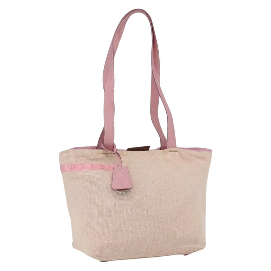 Pink and Silver Canvas PRADA Tote Handbag for Women Italy: Pink and Silver Canvas PRADA Tote Handbag for Women Italy This PRADA tote bag is crafted from pink and silver canvas and designed for women. Made in Italy, it features a spacious interior, dual handle