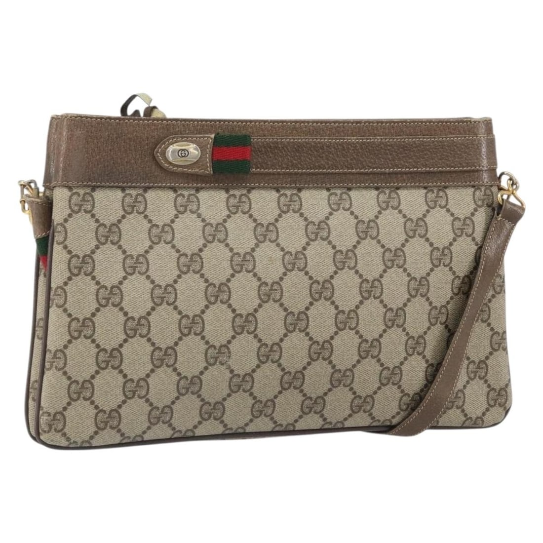 Beige GG Canvas Shoulder Bag Gucci Sherry Line 96 02 035: Beige GG Canvas Shoulder Bag Gucci Sherry Line 96 02 035 This is a Gucci GG Supreme Web Sherry Line shoulder bag crafted from signature GG canvas in a beige and gold color scheme. Made in Italy, this 