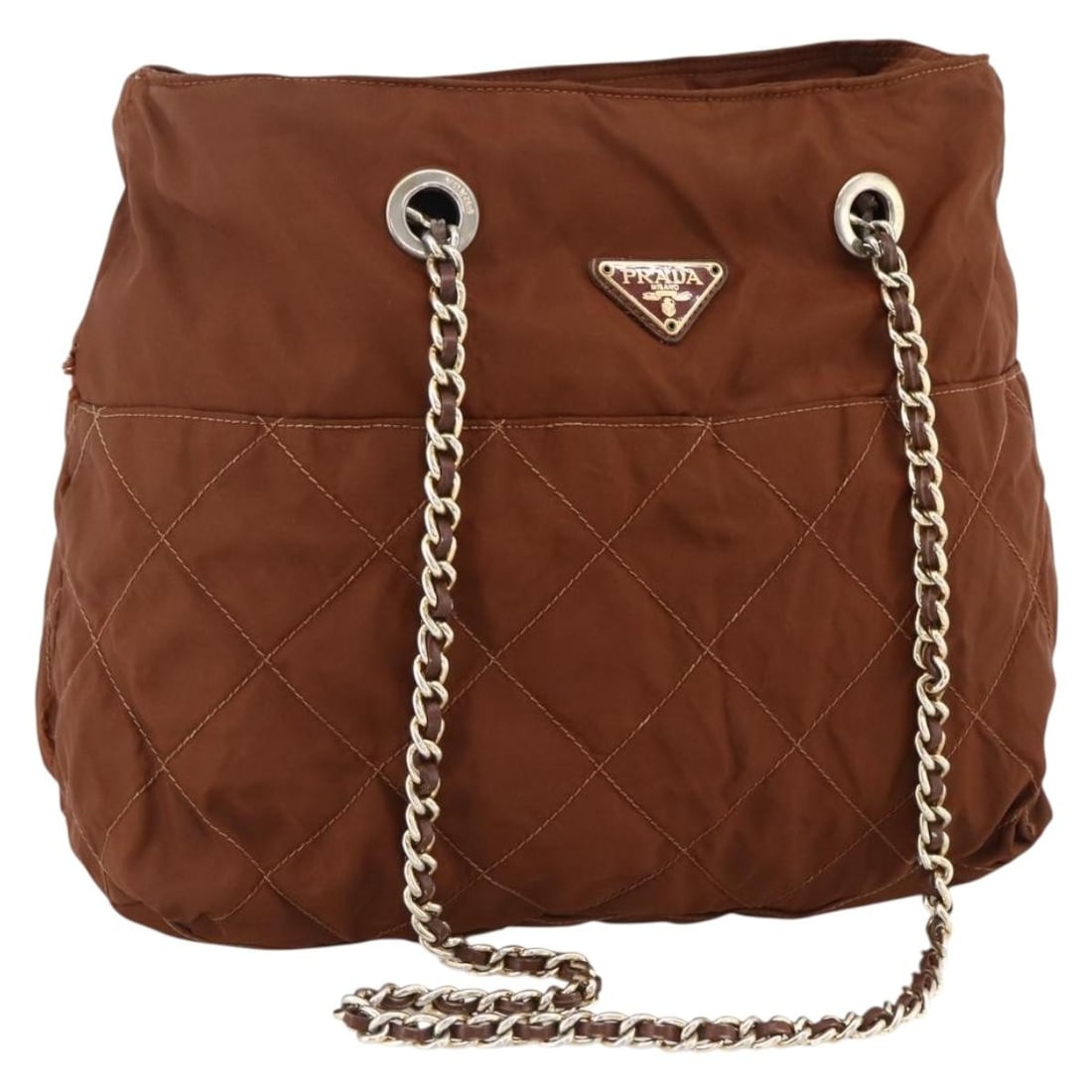 PRADA Nylon Shoulder Bag Brown with Gold Tone Chain: PRADA Nylon Shoulder Bag Brown with Gold Tone Chain Authentic Prada chain shoulder bag in brown nylon with gold-tone accents. This women's shoulder bag is made in Italy and includes only the bag shown