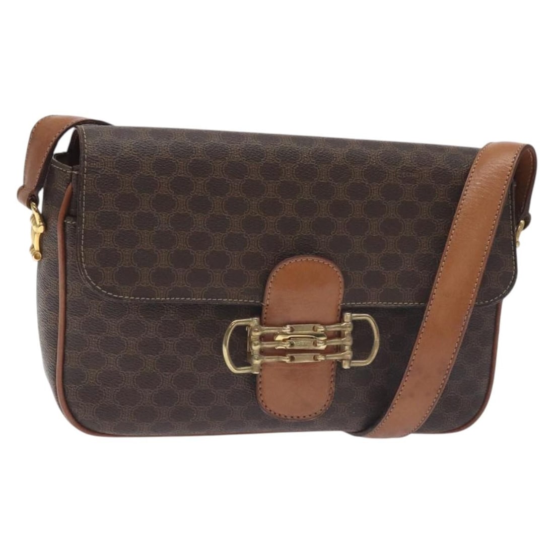 CELINE Macadam Shoulder Bag Brown PVC Leather Canvas Gold Tone: CELINE Macadam Shoulder Bag Brown PVC Leather Canvas Gold Tone A CELINE shoulder bag in brown and gold, crafted from PVC leather and Macadam canvas. Made in Italy, this bag features a shoulder strap w