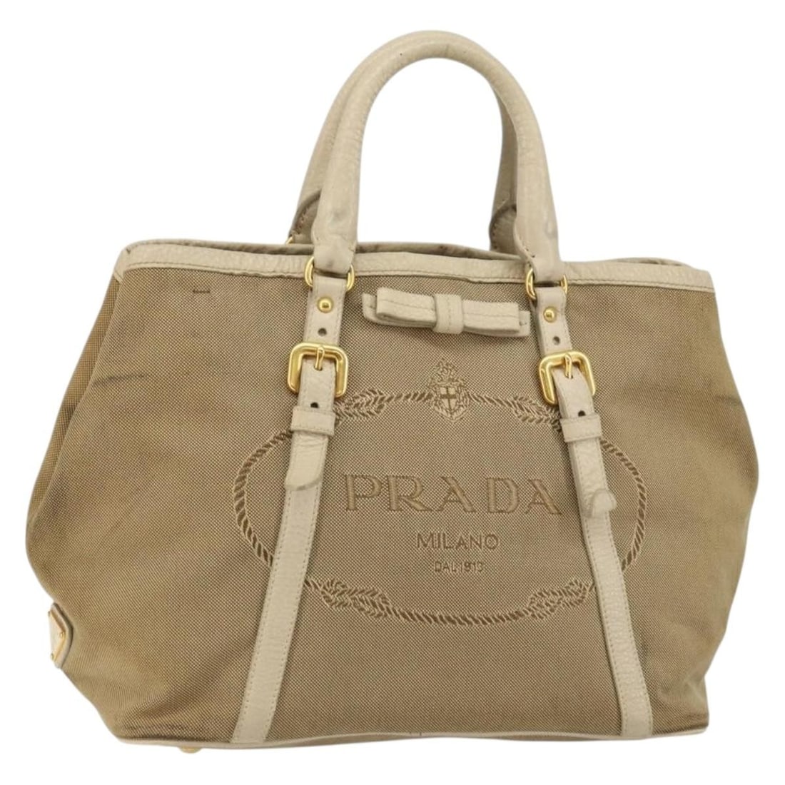 Prada Beige Gold Canvas Hand Bag for Women: Prada Beige Gold Canvas Hand Bag for Women Prada women's handbag in beige and gold canvas. This heavily used bag shows visible wear throughout, including loss of shape, rubbing, stains, scratches on t