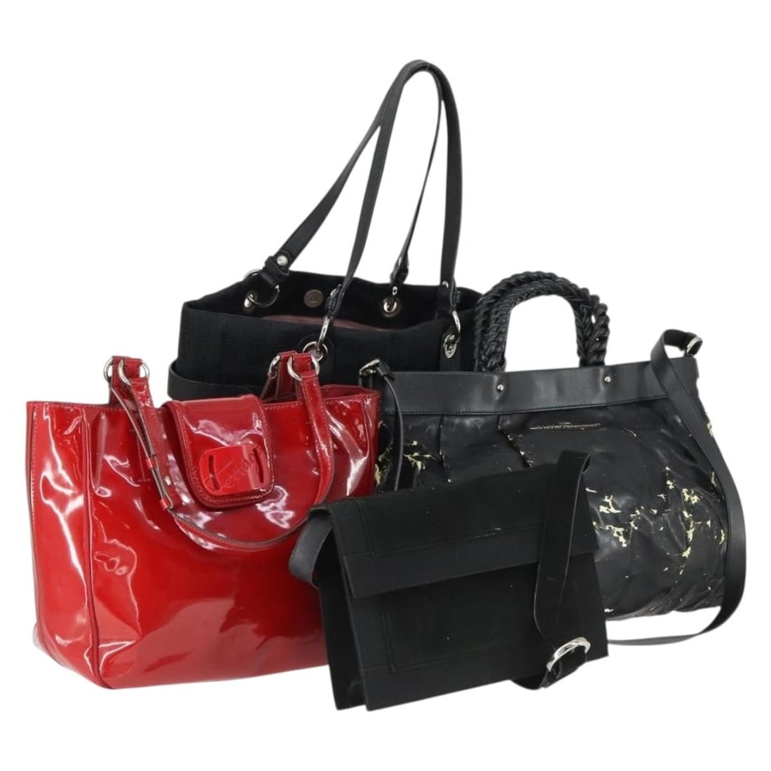 Set of 4 Salvatore Ferragamo Leather and Canvas Shoulder Bags Black Red: Set of 4 Salvatore Ferragamo Leather and Canvas Shoulder Bags Black Red This Salvatore Ferragamo shoulder bag features a leather exterior in a black and red color combination. Made in Italy, the bag s