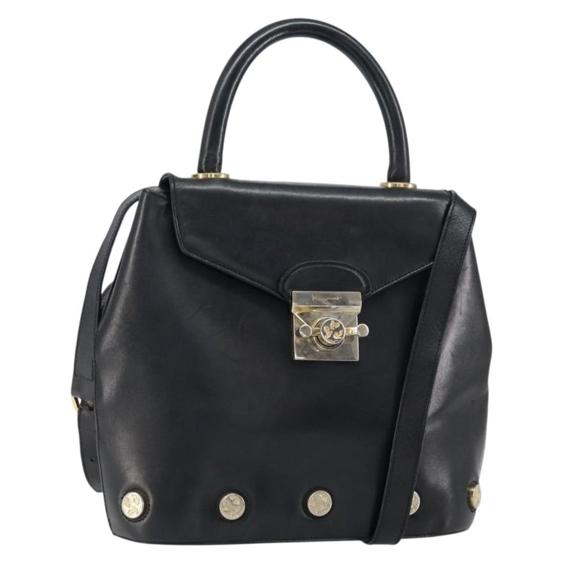 Salvatore Ferragamo Leather Hand Bag Black Gold Auth 2way: Salvatore Ferragamo Leather Hand Bag Black Gold Auth 2way This exquisite Salvatore Ferragamo Hand Bag is a versatile accessory crafted from premium leather, featuring a sophisticated black and gold co