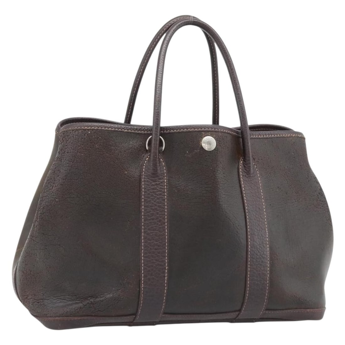 HERMES Garden Party PM Brown Leather Handbag Silver Tone: HERMES Garden Party PM Brown Leather Handbag Silver Tone Hermes Garden Party PM hand bag in leather with a brown and silver color combination. Made in France, this women's handbag measures approximate