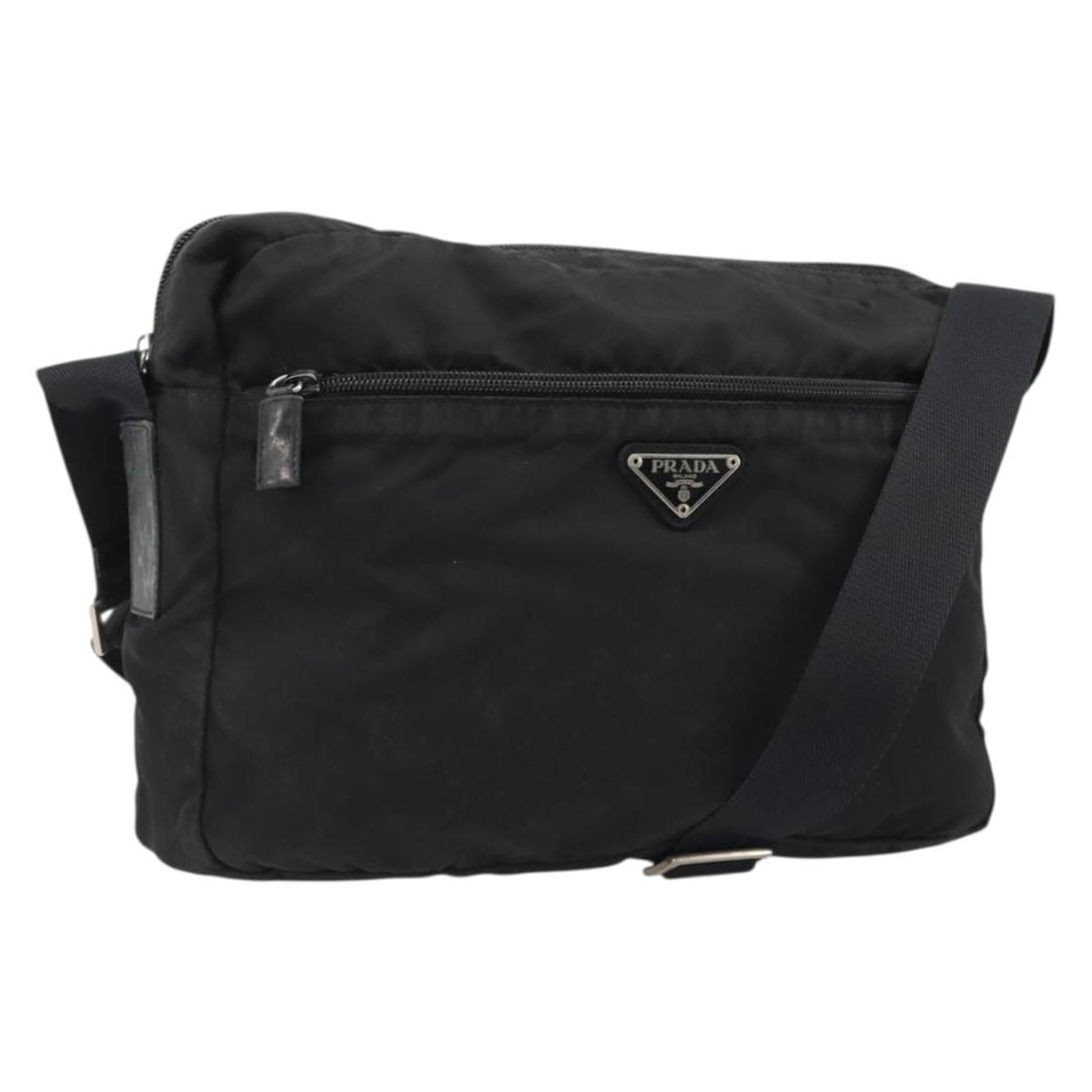 Prada nylon black silver women s shoulder bag Italy: Prada nylon black silver women s shoulder bag Italy This PRADA shoulder bag is crafted from black nylon with silver-tone accents. Designed for women, it features an adjustable shoulder strap and offer