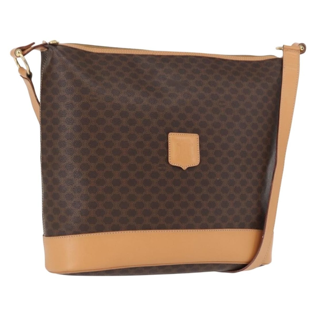 CELINE Macadam Shoulder Bag Brown PVC Leather Gold Tone: CELINE Macadam Shoulder Bag Brown PVC Leather Gold Tone CELINE Macadam Canvas shoulder bag in brown and gold, made in Italy from PVC leather and Macadam canvas. Designed for women, it measures approxi
