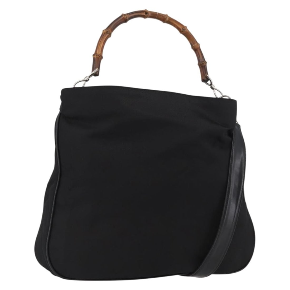 Gucci Black Nylon Bamboo 2way Shoulder Bag with Silver Accents Model 001 2852 1577 5: Gucci Black Nylon Bamboo 2way Shoulder Bag with Silver Accents Model 001 2852 1577 5 This is a GUCCI Bamboo 2-way shoulder bag crafted from black nylon with silver-tone accents. Designed for women, th