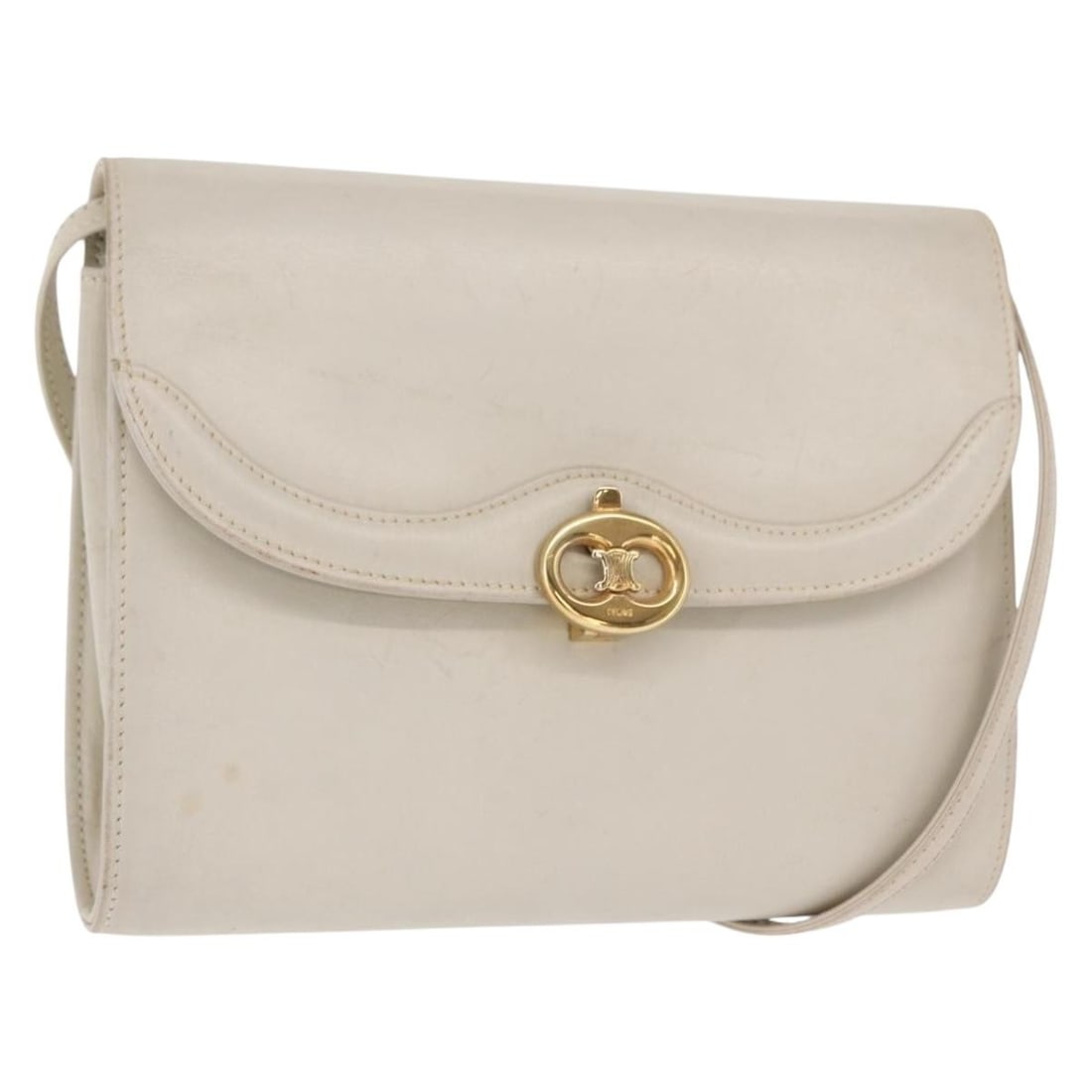 CELINE Ivory Leather Shoulder Bag with Gold Tone Hardware: CELINE Ivory Leather Shoulder Bag with Gold Tone Hardware Authentic CELINE shoulder bag in ivory leather with gold-tone accents, made in Italy. This women's bag includes the item shown only; item box 