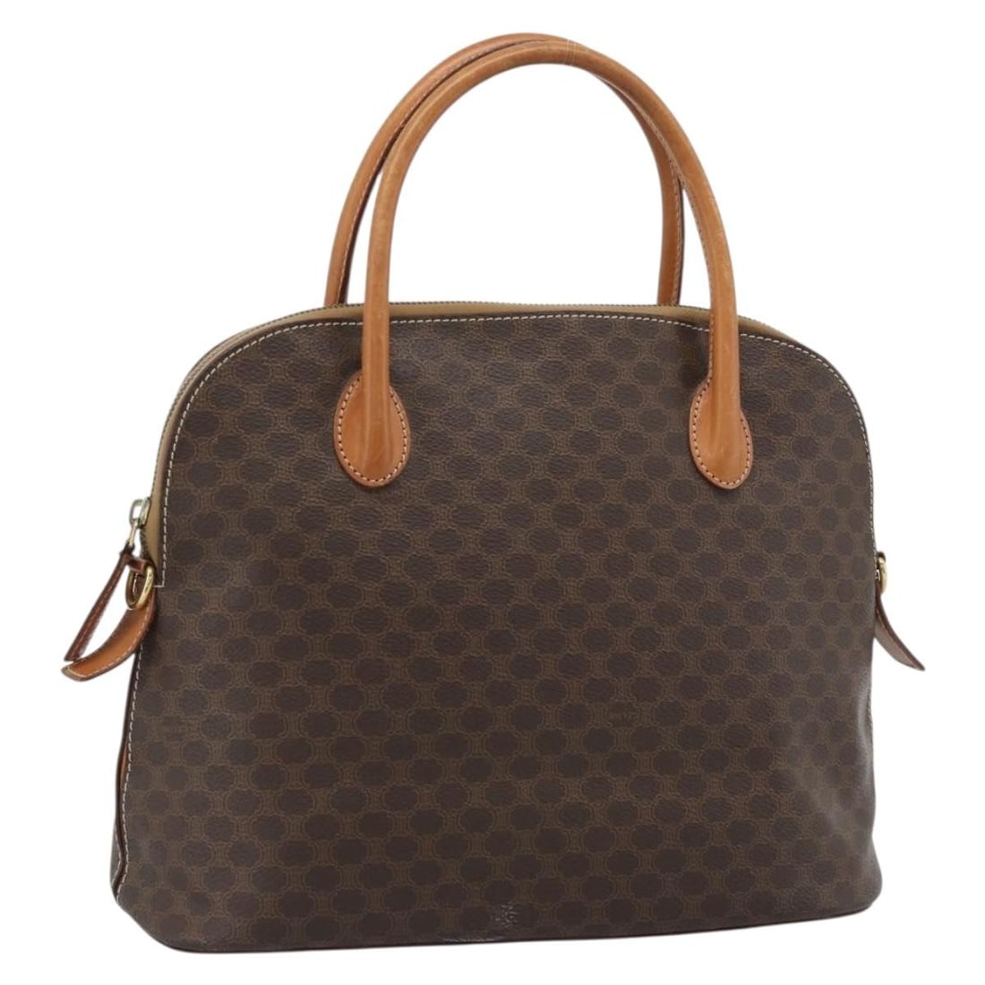 Celine Macadam 2way Brown PVC Leather Handbag Gold Tone: Celine Macadam 2way Brown PVC Leather Handbag Gold Tone A CELINE 2-way hand bag in brown and gold, crafted from PVC leather and Macadam canvas. Made in Italy, it measures approximately W31 x H25 x D12