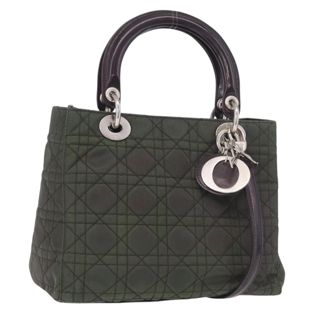 Christian Dior Cannage Canvas 2way Handbag Green Silver Strap: Christian Dior Cannage Canvas 2way Handbag Green Silver Strap Christian Dior Canage hand bag in canvas with a green and silver color scheme. This 2-way women's bag was made in Italy and comes with a s