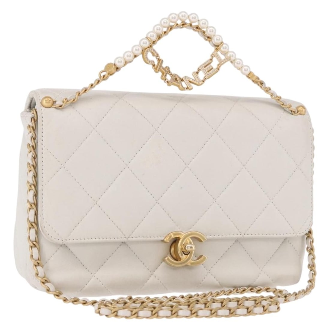 CHANEL Matelasse Lamb Skin 2way Shoulder Bag White Gold CC: CHANEL Matelasse Lamb Skin 2way Shoulder Bag White Gold CC CHANEL Matelasse Chain Shoulder Bag in white lamb skin with gold-tone accents. This 2-way shoulder bag is made in Italy and comes with a shou