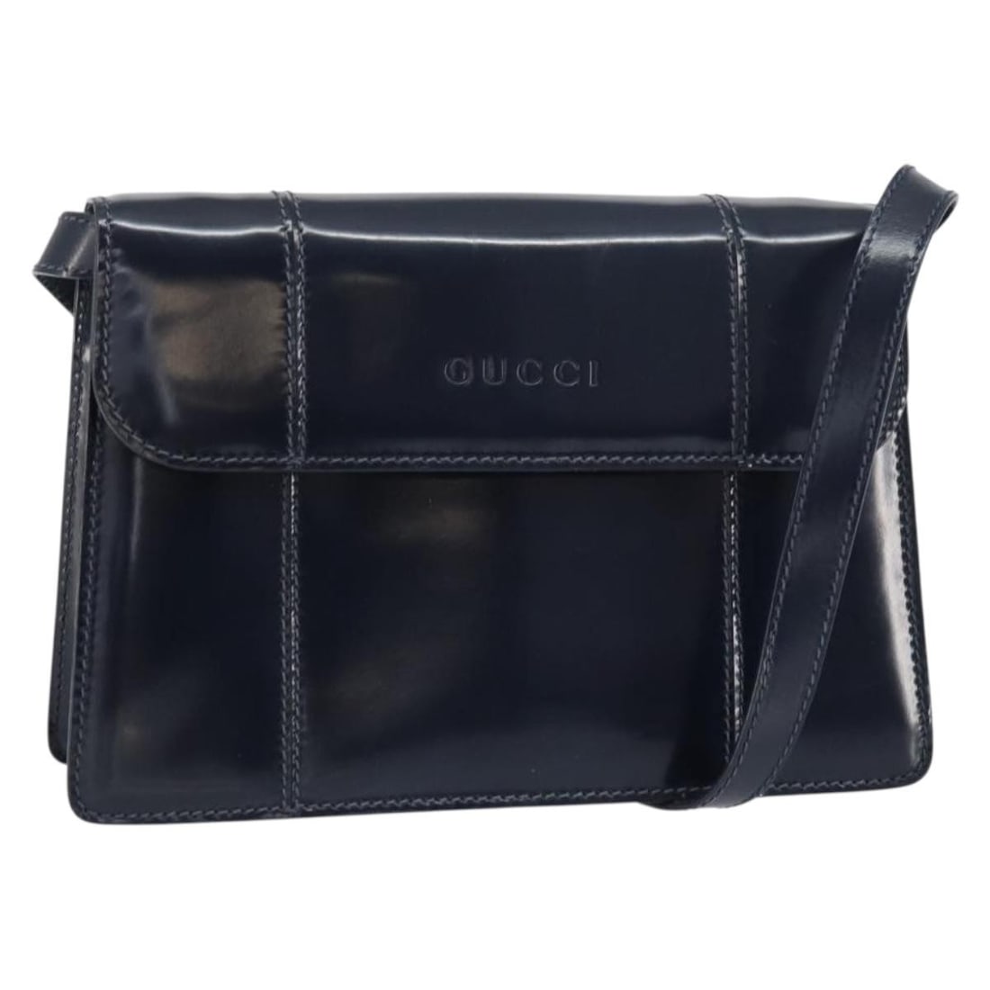 GUCCI Bamboo Shoulder Bag Navy Gold Patent Leather Auth 158518: GUCCI Bamboo Shoulder Bag Navy Gold Patent Leather Auth 158518 This authentic GUCCI Bamboo Shoulder Bag showcases a chic design crafted from luxurious patent leather in a sophisticated navy and gold c