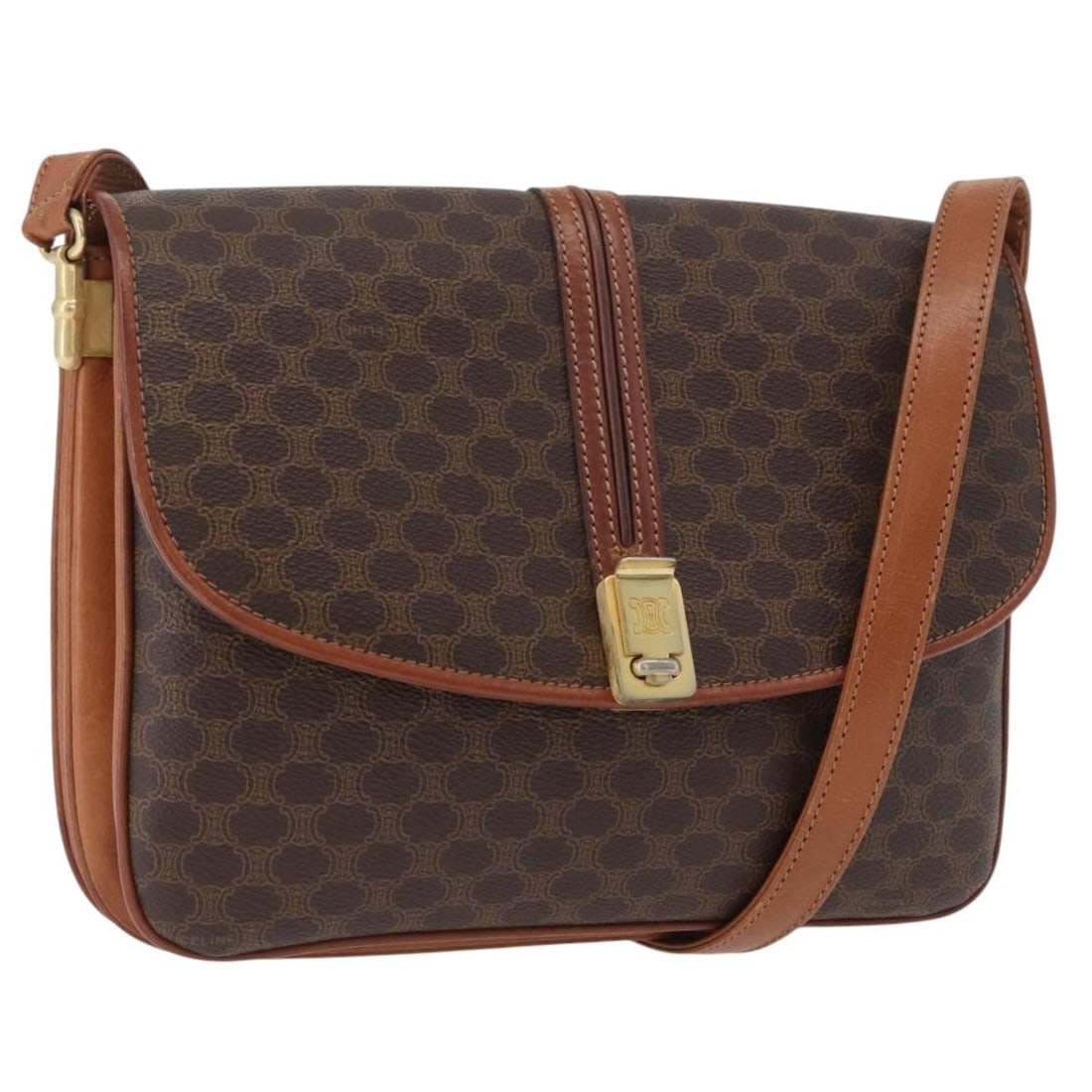 CELINE Macadam Shoulder Bag Brown PVC Leather Gold Tone: CELINE Macadam Shoulder Bag Brown PVC Leather Gold Tone A CELINE Macadam canvas shoulder bag in brown and gold, made in Italy. The bag is crafted from PVC leather and Macadam canvas, with a compact sh