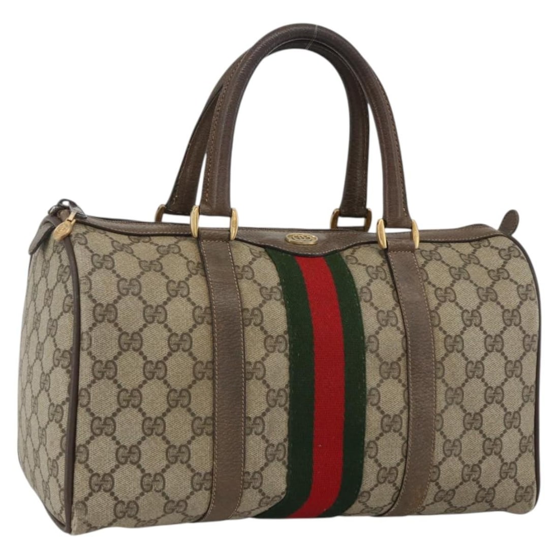 Gucci Sherry Line Boston Bag GG Supreme Beige Gold PVC: Gucci Sherry Line Boston Bag GG Supreme Beige Gold PVC This is a Gucci GG Supreme Web Sherry Line Boston Bag crafted from beige and gold PVC leather with GG canvas accents. The bag features dual top h