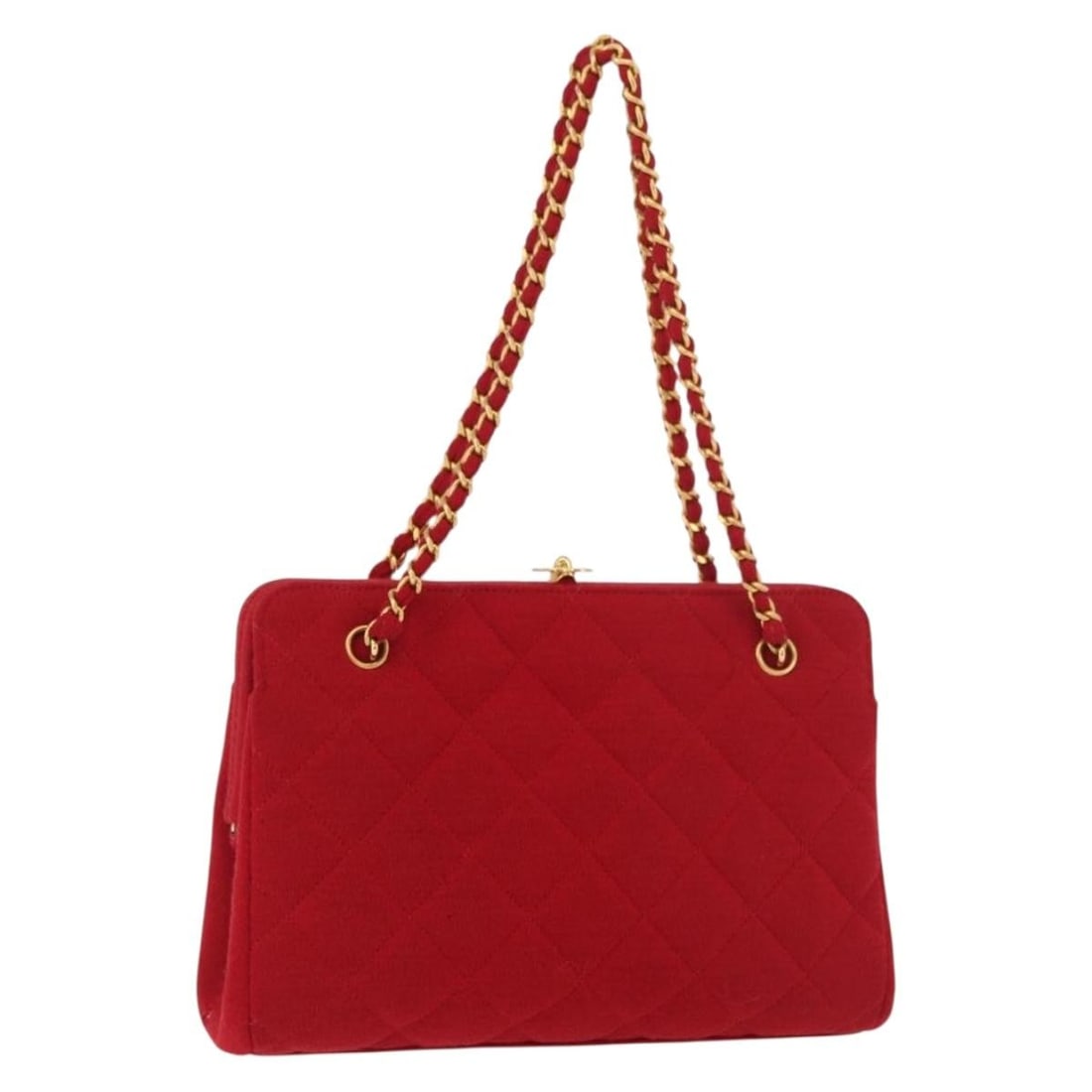 CHANEL Matelasse Cotton Shoulder Bag Red Gold Tone CC: CHANEL Matelasse Cotton Shoulder Bag Red Gold Tone CC A CHANEL Matelasse chain shoulder bag in red cotton with gold-tone accents. It comes with a Guarantee Card and was made in France. The bag is desc