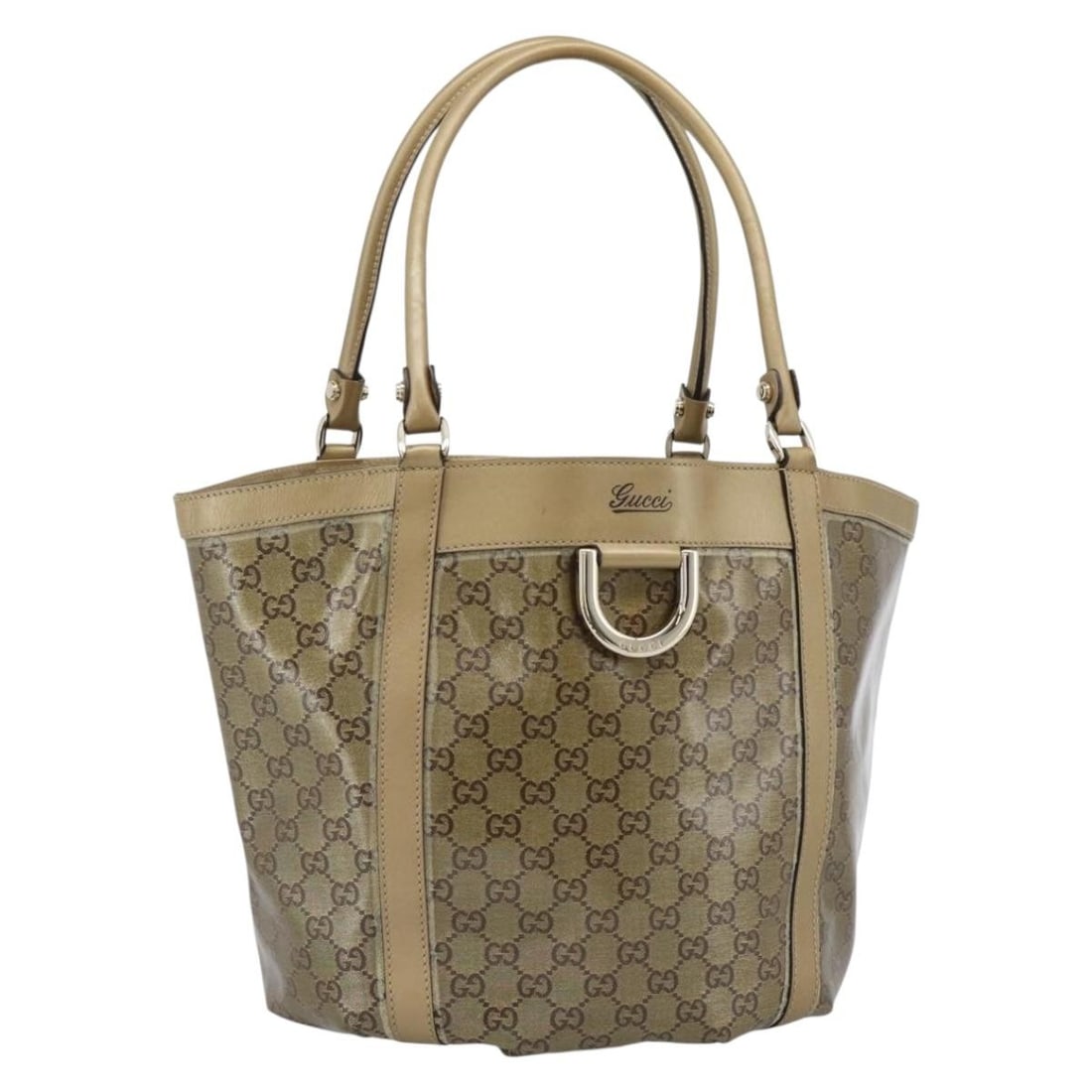 Gucci Abbey GG Crystal Gold Coated Canvas Tote 211982: Gucci Abbey GG Crystal Gold Coated Canvas Tote 211982 A Gucci Abbey Tote Bag in gold coated canvas/GG canvas, made in Italy. This tote bag features a handle drop of approximately 23 cm and comes with 
