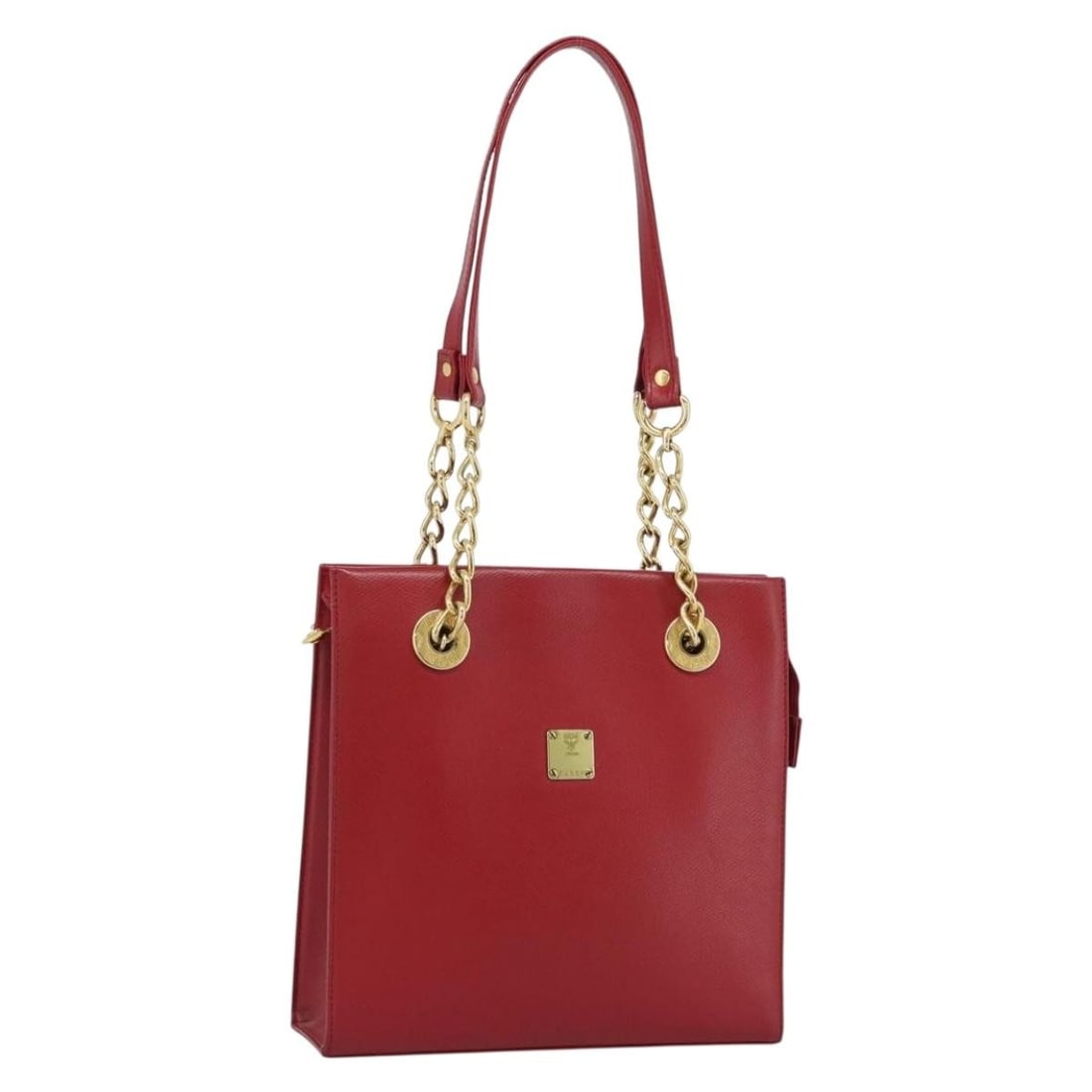 Red Leather Shoulder Bag by MCM Gold Tone Hardware: Red Leather Shoulder Bag by MCM Gold Tone Hardware MCM red and gold leather shoulder bag made in Germany. It measures approximately 26 cm wide, 26 cm high, and 7 cm deep, with a shoulder drop of appro