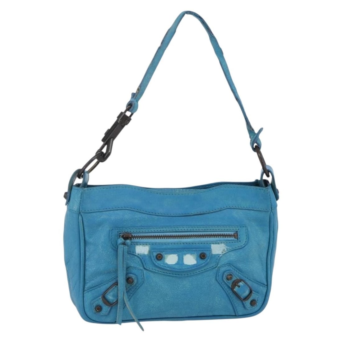 Balenciaga 138226 Blue Leather Shoulder Bag Made in Italy: Balenciaga 138226 Blue Leather Shoulder Bag Made in Italy Balenciaga shoulder bag in blue leather, made in Italy. The bag measures approximately W20 x H14 x D5 cm with a shoulder drop of about 18 cm. 