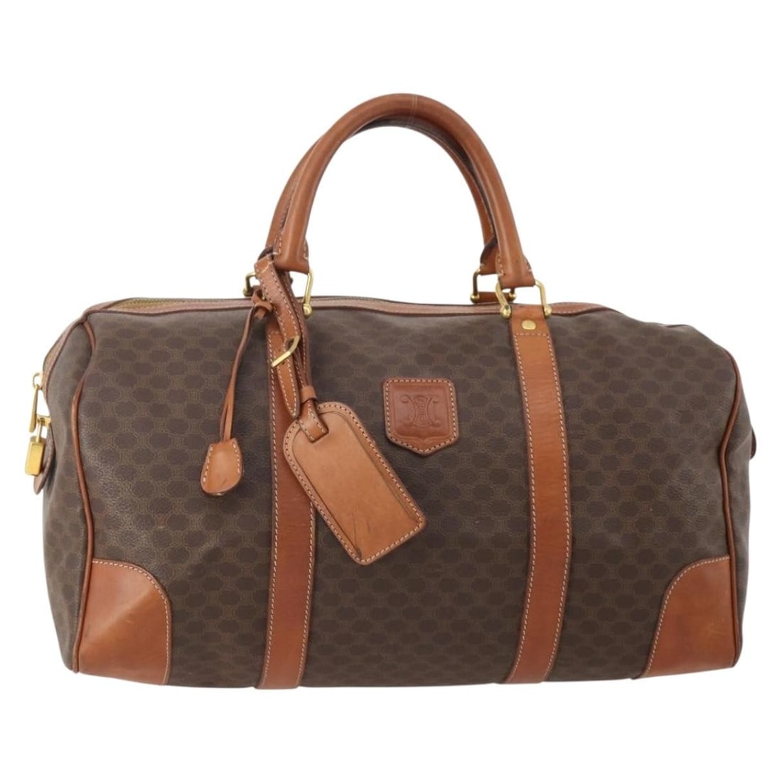 Celine Macadam Canvas Brown Gold Boston Bag with Padlock and Key: Celine Macadam Canvas Brown Gold Boston Bag with Padlock and Key This CELINE Boston Bag features the iconic Macadam canvas with PVC leather accents in brown and gold tones. Designed for women, it offe