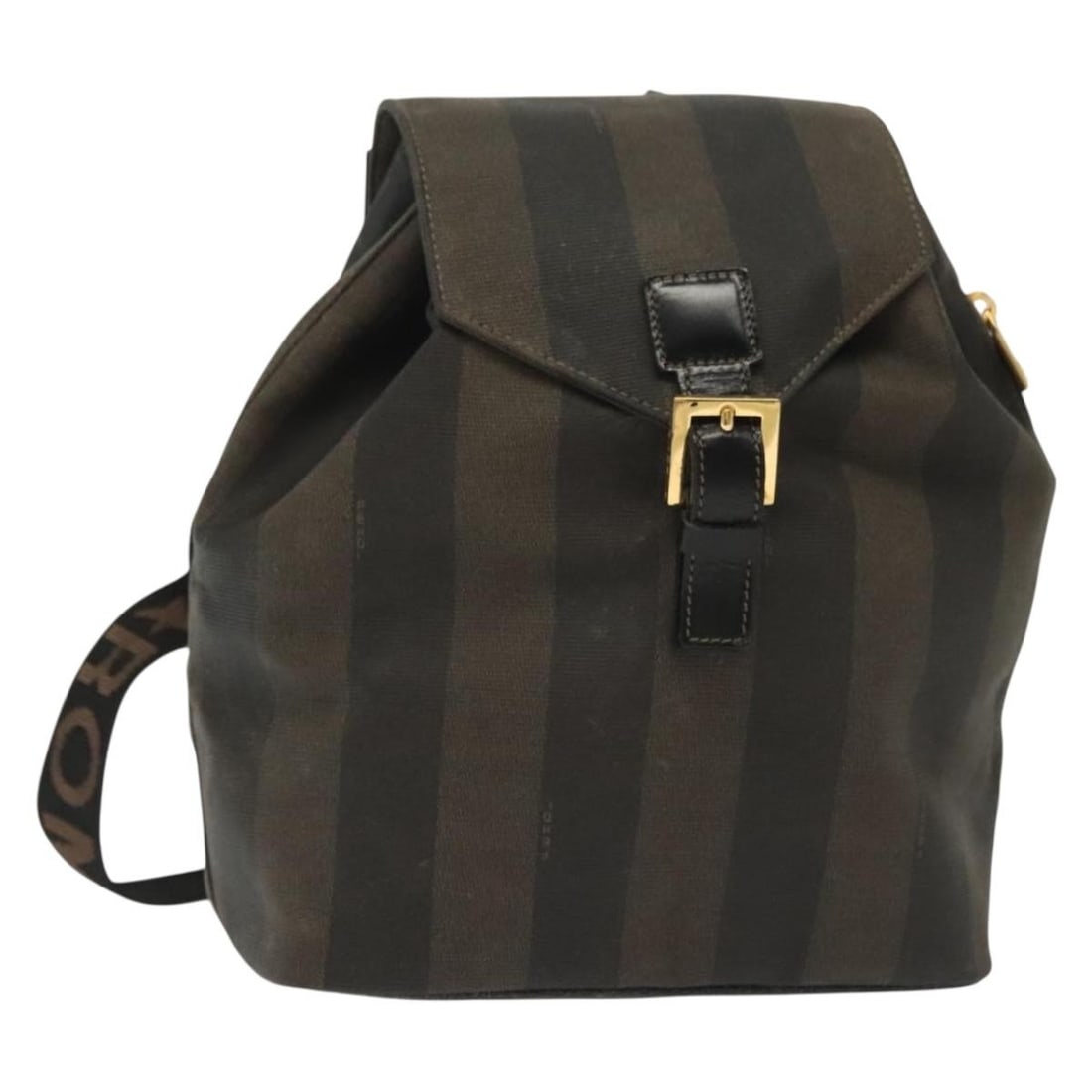 Fendi Pecan Canvas Backpack PVC Brown Black Gold Made in Italy: Fendi Pecan Canvas Backpack PVC Brown Black Gold Made in Italy This FENDI backpack showcases a stylish blend of PVC leather and Pequin canvas in a chic brown, black, and gold color scheme. Crafted in 