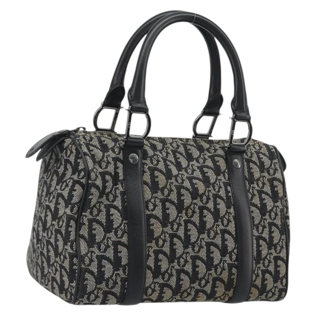 Christian Dior Trotter Canvas Hand Bag Navy Silver Tone Italy: Christian Dior Trotter Canvas Hand Bag Navy Silver Tone Italy Christian Dior hand bag in navy and silver Trotter canvas, made in Italy. It comes with a guarantee card and shows heavy use, including lo