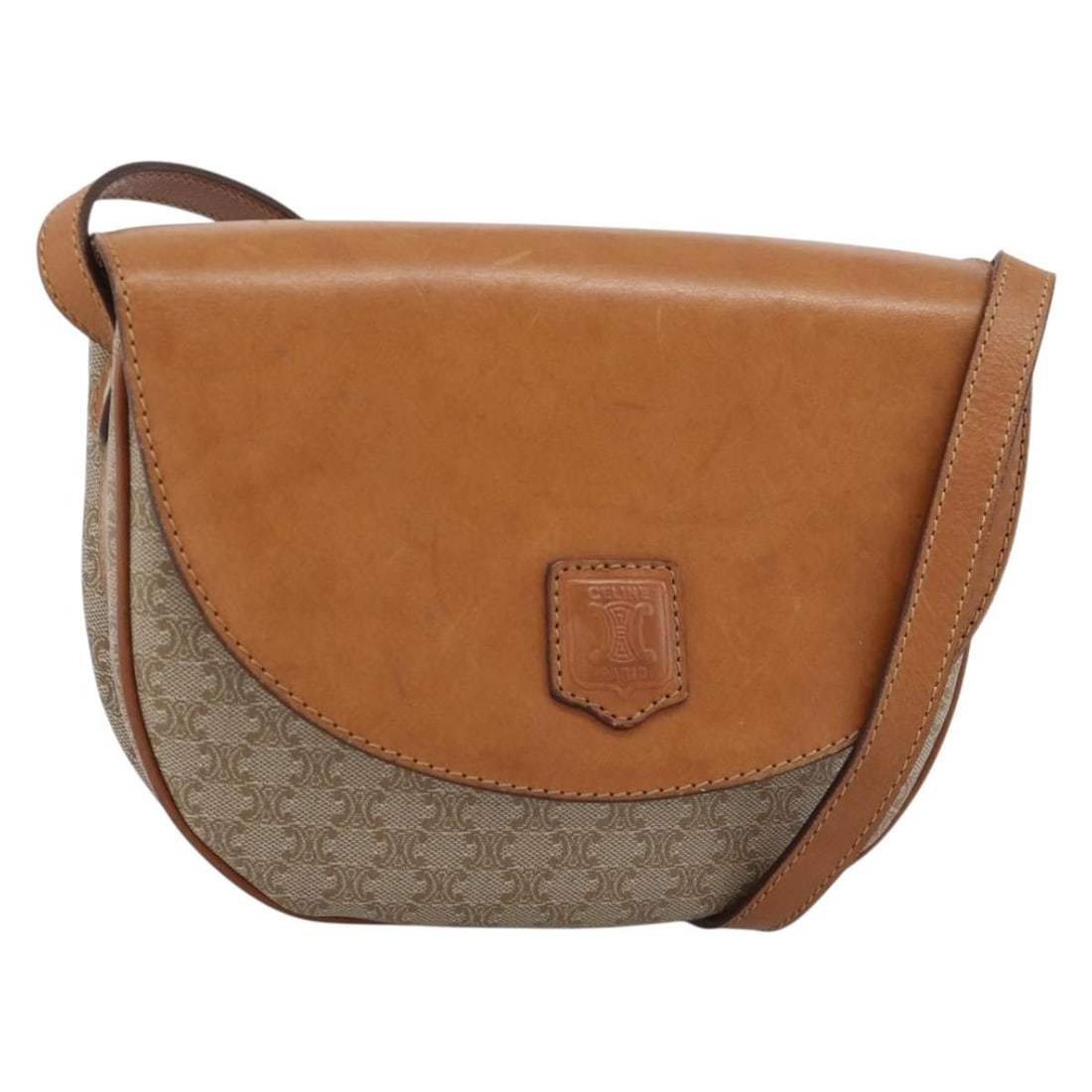 CELINE Macadam Shoulder Bag Beige PVC Canvas Leather Gold Tone: CELINE Macadam Shoulder Bag Beige PVC Canvas Leather Gold Tone A CELINE shoulder bag in beige and gold, crafted from PVC leather and Macadam canvas. It features a shoulder strap with an approximate dr
