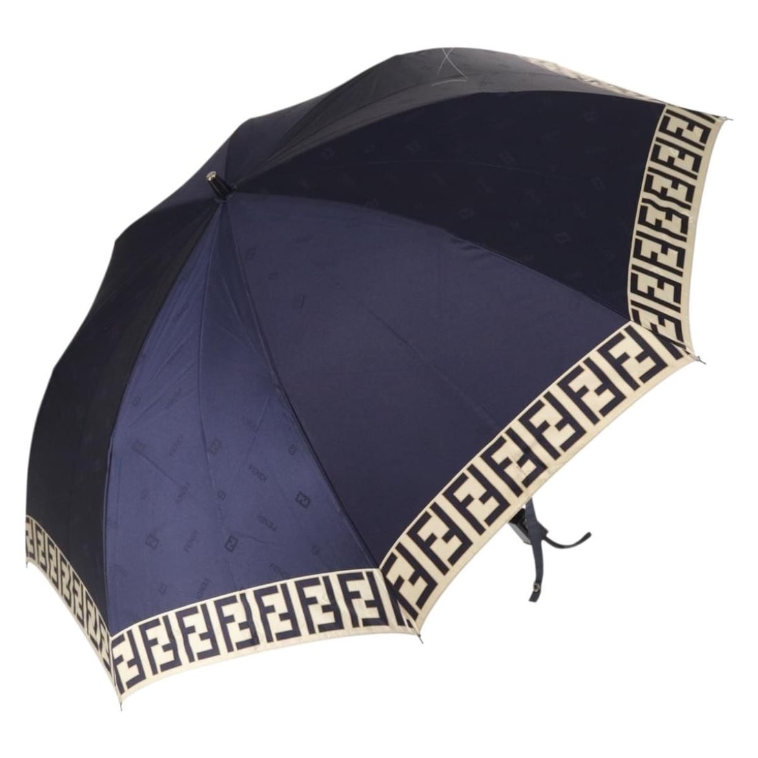 FENDI Navy Zucca Canvas Folding Umbrella: FENDI Navy Zucca Canvas Folding Umbrella This FENDI folding umbrella features the signature Zucca canvas in navy. Designed for women, it is crafted in Italy and offers a rib length of approximately 22