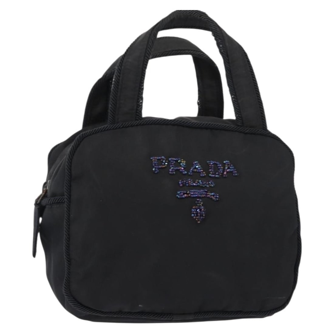PRADA Black Silver Nylon Beads Tote Bag Auth Italy: PRADA Black Silver Nylon Beads Tote Bag Auth Italy This PRADA Tote Bag is a stylish accessory that combines functionality and luxury. Crafted from durable nylon, this bag features a classic black and 