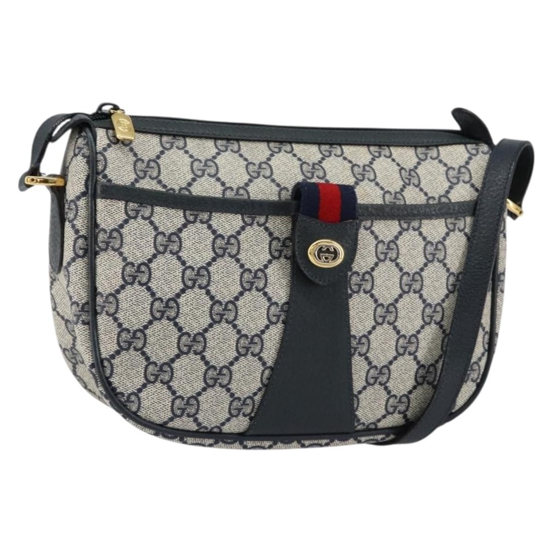 Gucci Sherry Line Navy Gold PVC Shoulder Bag: Gucci Sherry Line Navy Gold PVC Shoulder Bag This GUCCI GG Supreme Web Sherry Line shoulder bag is crafted in navy and gold PVC leather with GG canvas accents. Made in Italy, it features a classic sho