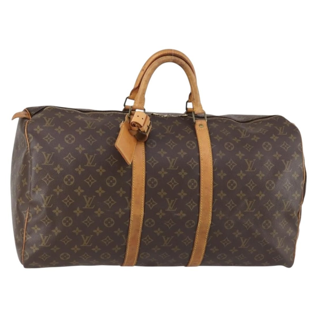 Louis Vuitton M41424 Keepall 55 Monogram Canvas Boston Bag: Louis Vuitton M41424 Keepall 55 Monogram Canvas Boston Bag Louis Vuitton Keepall 55 Boston bag in Monogram canvas, model M41424, made in France. Includes a name tag and Powanie. Condition is heavily u