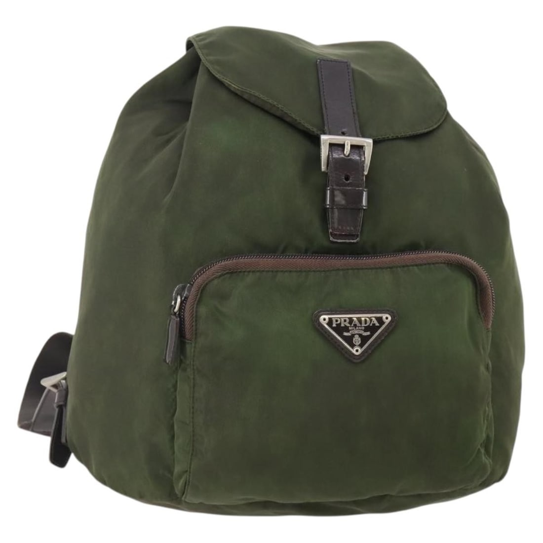 Prada Nylon Green Silver Backpack with Guarantee Card: Prada Nylon Green Silver Backpack with Guarantee Card This PRADA backpack is crafted from durable nylon in a green and silver color scheme. Designed for women, it features a spacious main compartment 