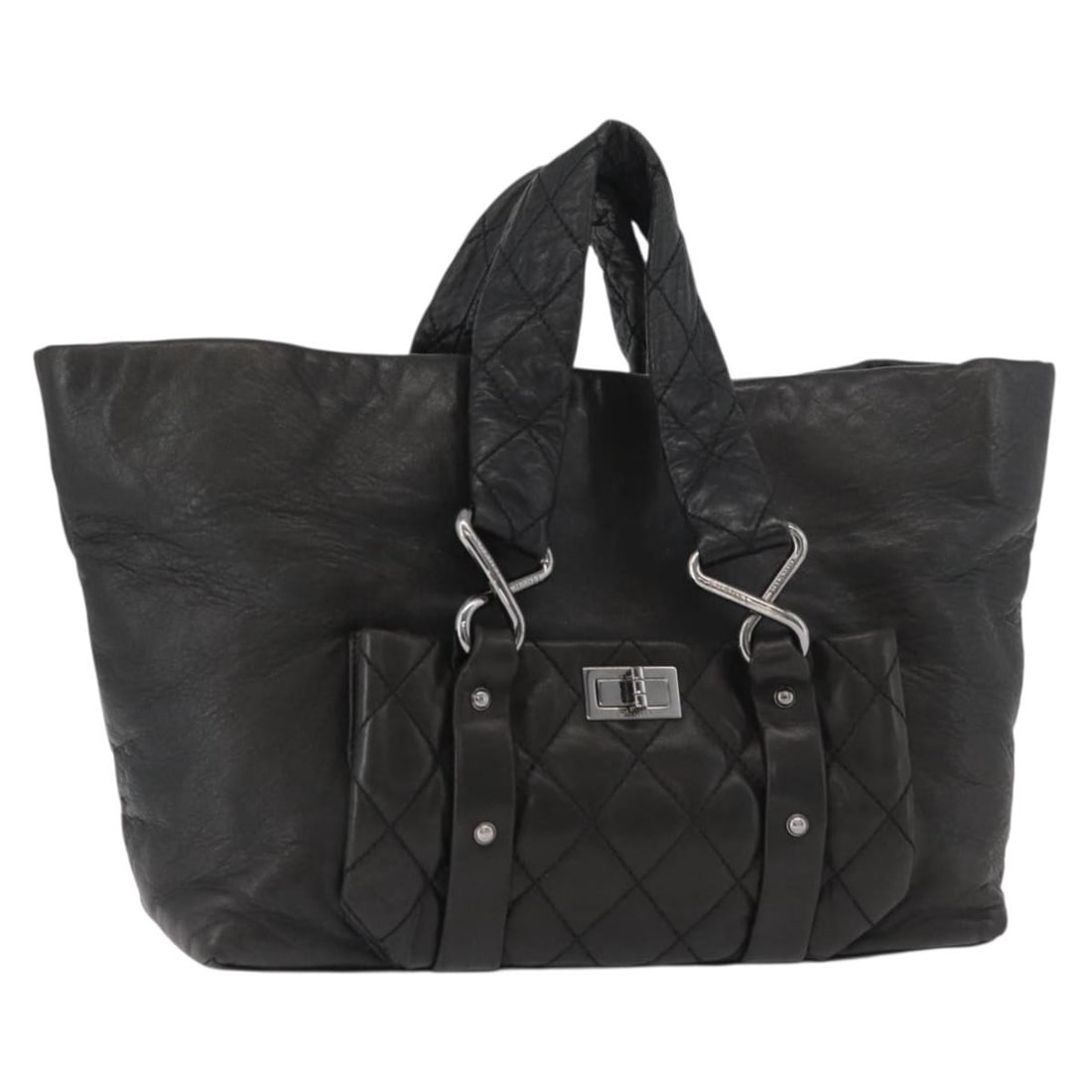 CHANEL 2.55 Lamb Skin Handbag Black with Silver CC: CHANEL 2.55 Lamb Skin Handbag Black with Silver CC CHANEL 2.55 Matelasse Hand Bag in black lamb skin with silver-tone exterior details. Made in France, this women's handbag features a handle drop of a
