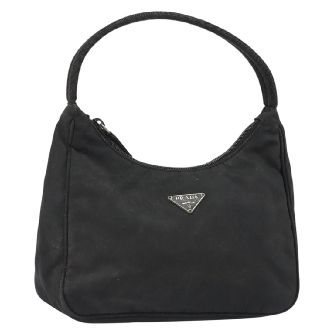 Prada Nylon Handbag Black Silver Tone Made in Italy: Prada Nylon Handbag Black Silver Tone Made in Italy A Prada hand pouch in black nylon with silver-tone metal fittings. Made in Italy, this handbag measures approximately 21 cm wide, 13 cm high, and 7 