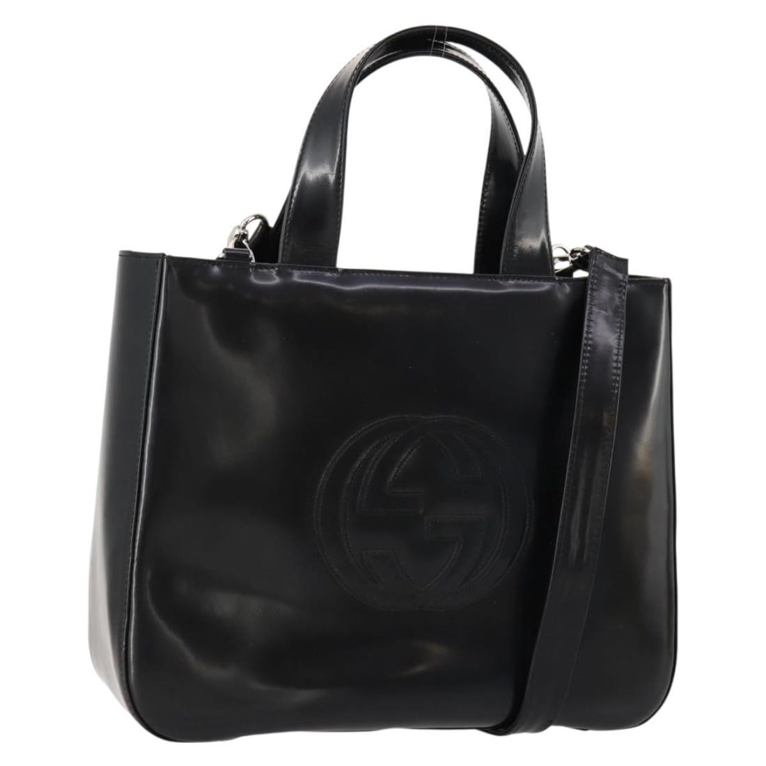 Black Patent Leather Gucci Shoulder and Handbag with Silver Hardware: Black Patent Leather Gucci Shoulder and Handbag with Silver Hardware This women's 2-way handbag features black patent leather with silver accents. Designed with both a shoulder strap and handles, it o