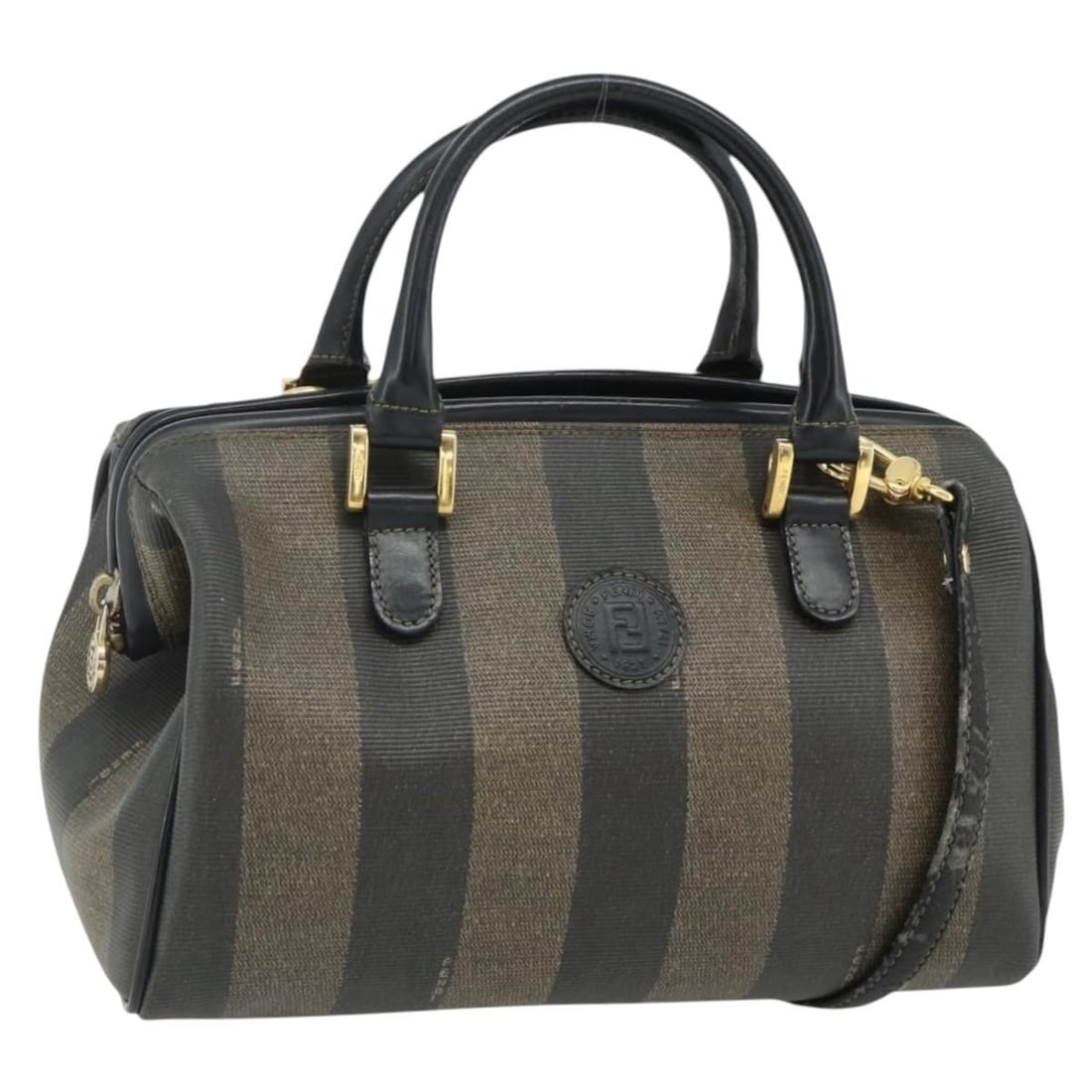 Fendi Pequin Canvas PVC Boston Bag Black Brown Shoulder Strap: Fendi Pequin Canvas PVC Boston Bag Black Brown Shoulder Strap This FENDI Mini Boston Bag features a classic black and brown design crafted from PVC leather and Pequin canvas. Designed for women, it of
